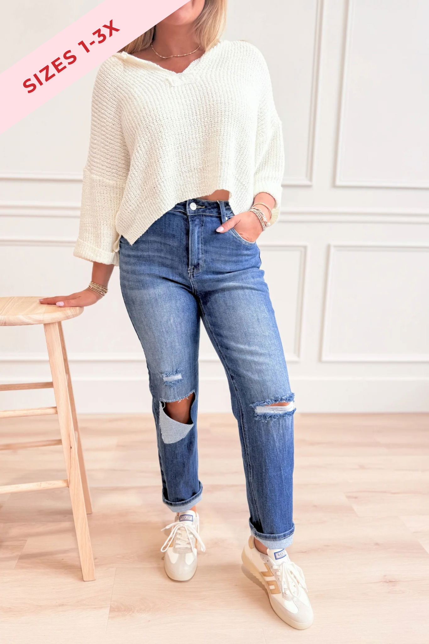 Risen Kendra high-rise distressed relaxed fit 146 Core jeans, showing front view with frayed details and classic denim texture.