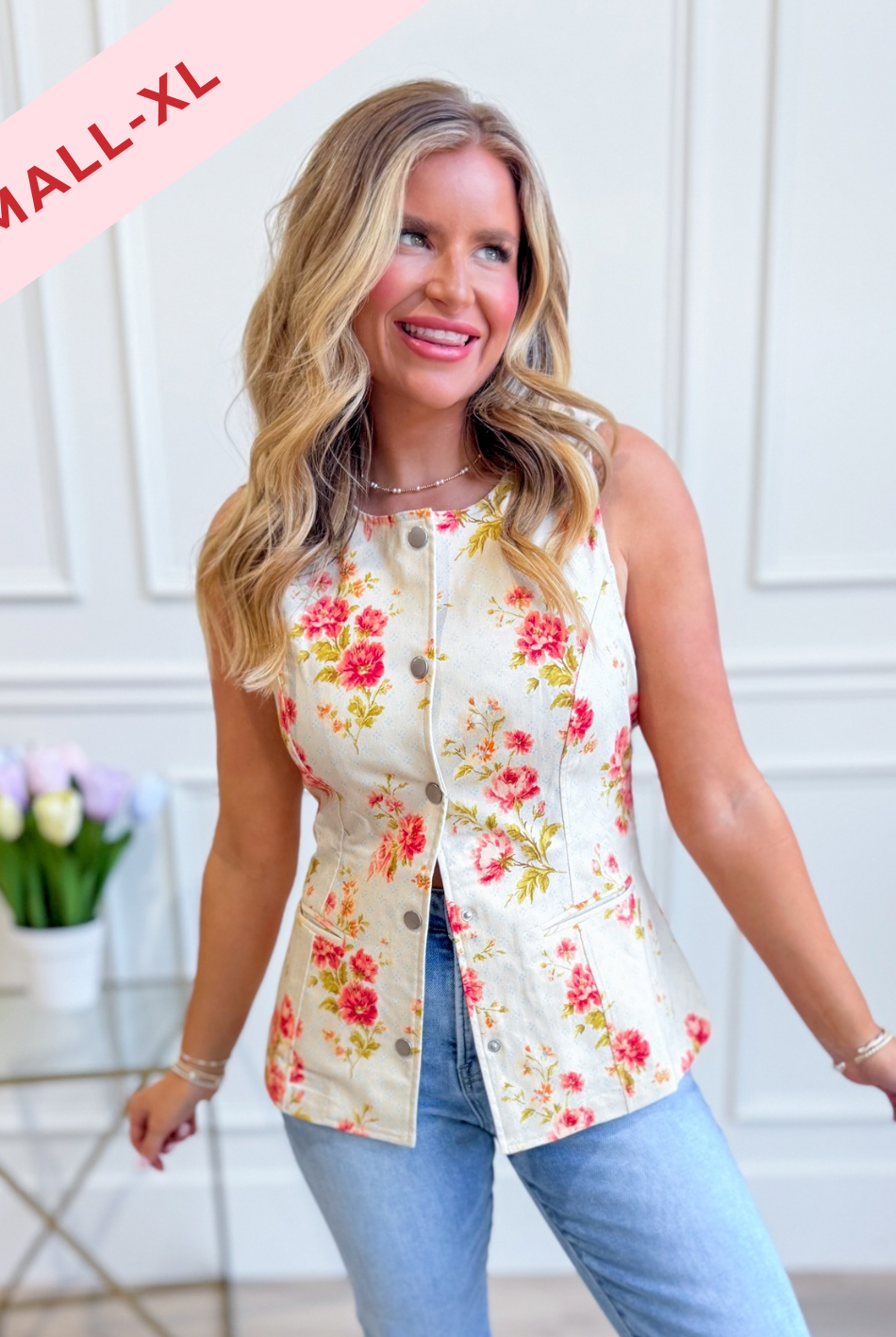 Baevly Mia floral printed button-up vest, stylish dressy dress with vibrant floral pattern, perfect for elegant occasions.