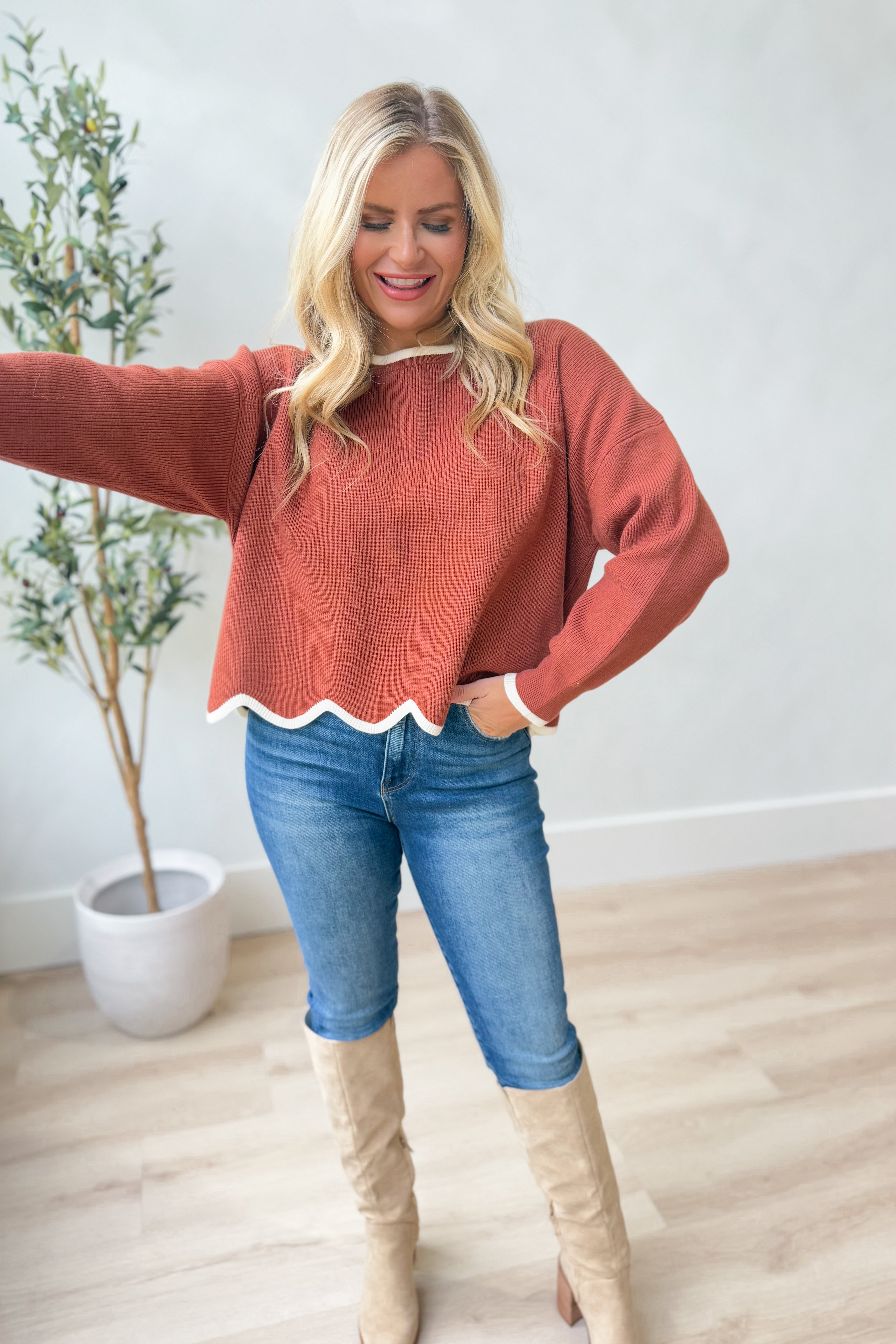 Gracie Long Sleeve Scallop Hem Sweater - Be You Boutique