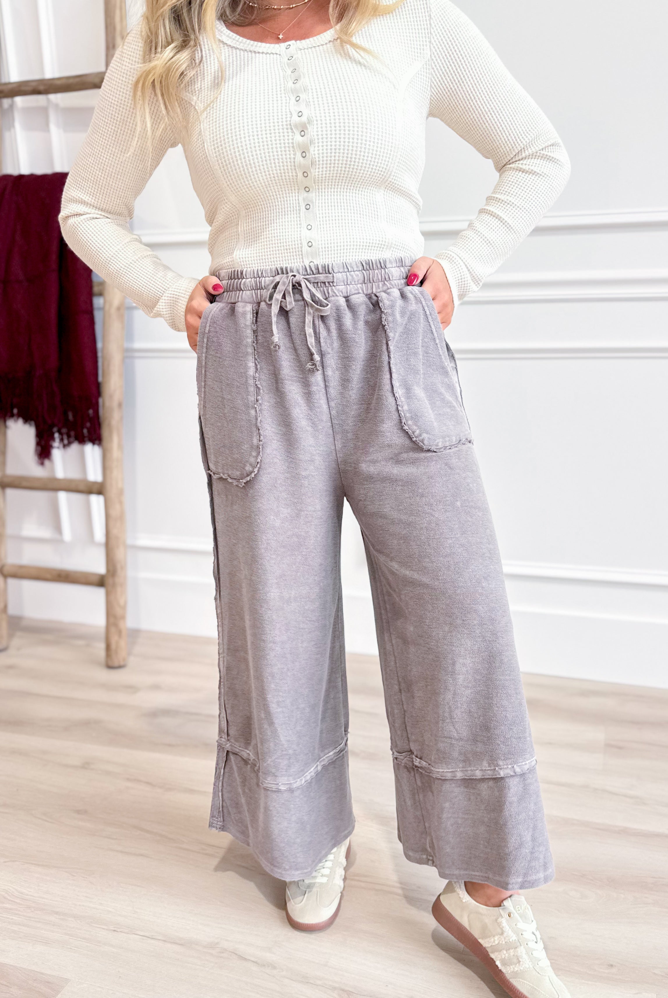 Caris Mineral Washed Upside Down Terry Knit Wide Leg Palazzo Pants - Be You Boutique