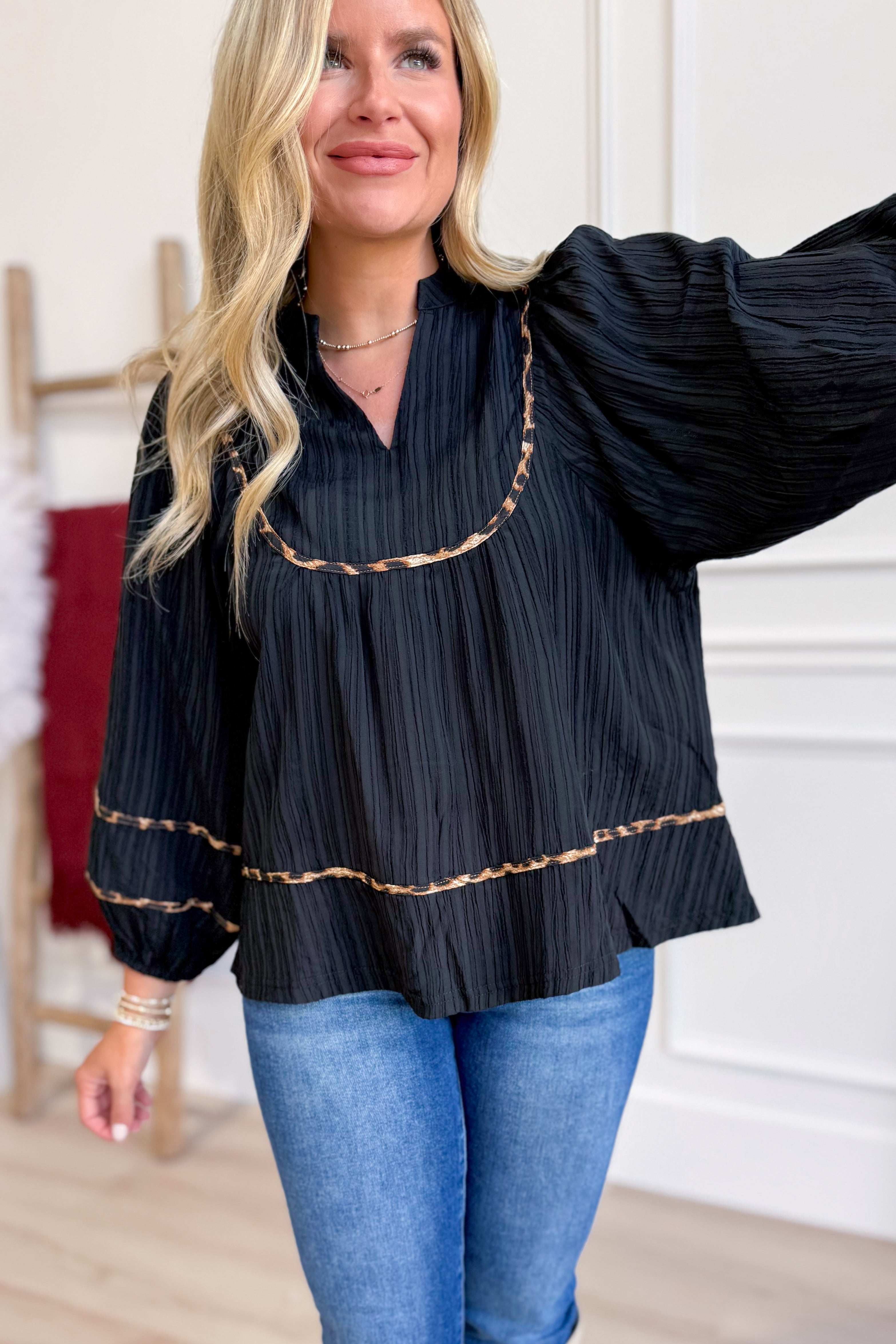 Stacie Leopard Trim Blouse Top - Be You Boutique