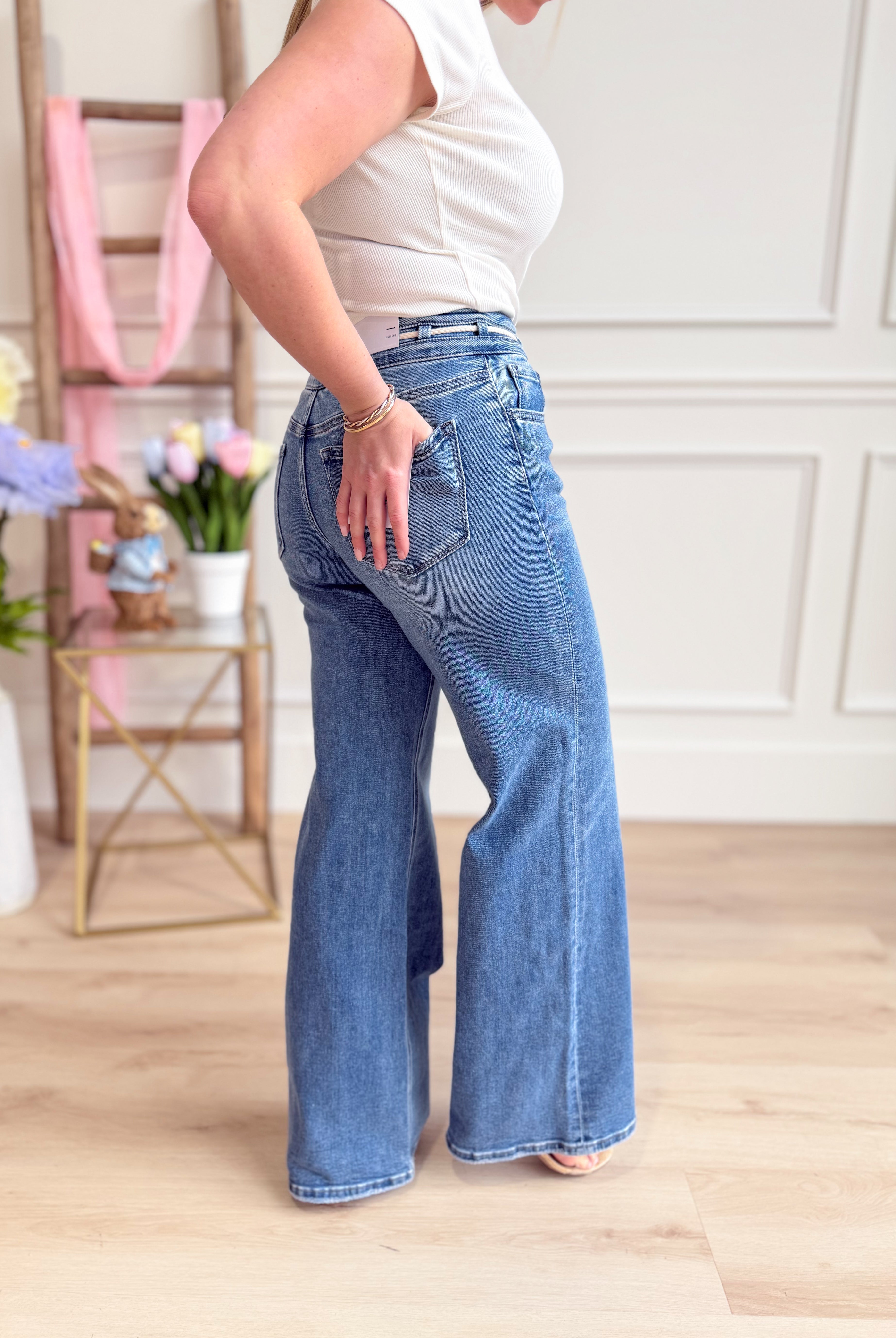 Vervet Olivia high-rise double button drawstring jeans from the 146 Core Jeans collection, featuring a classic denim look.