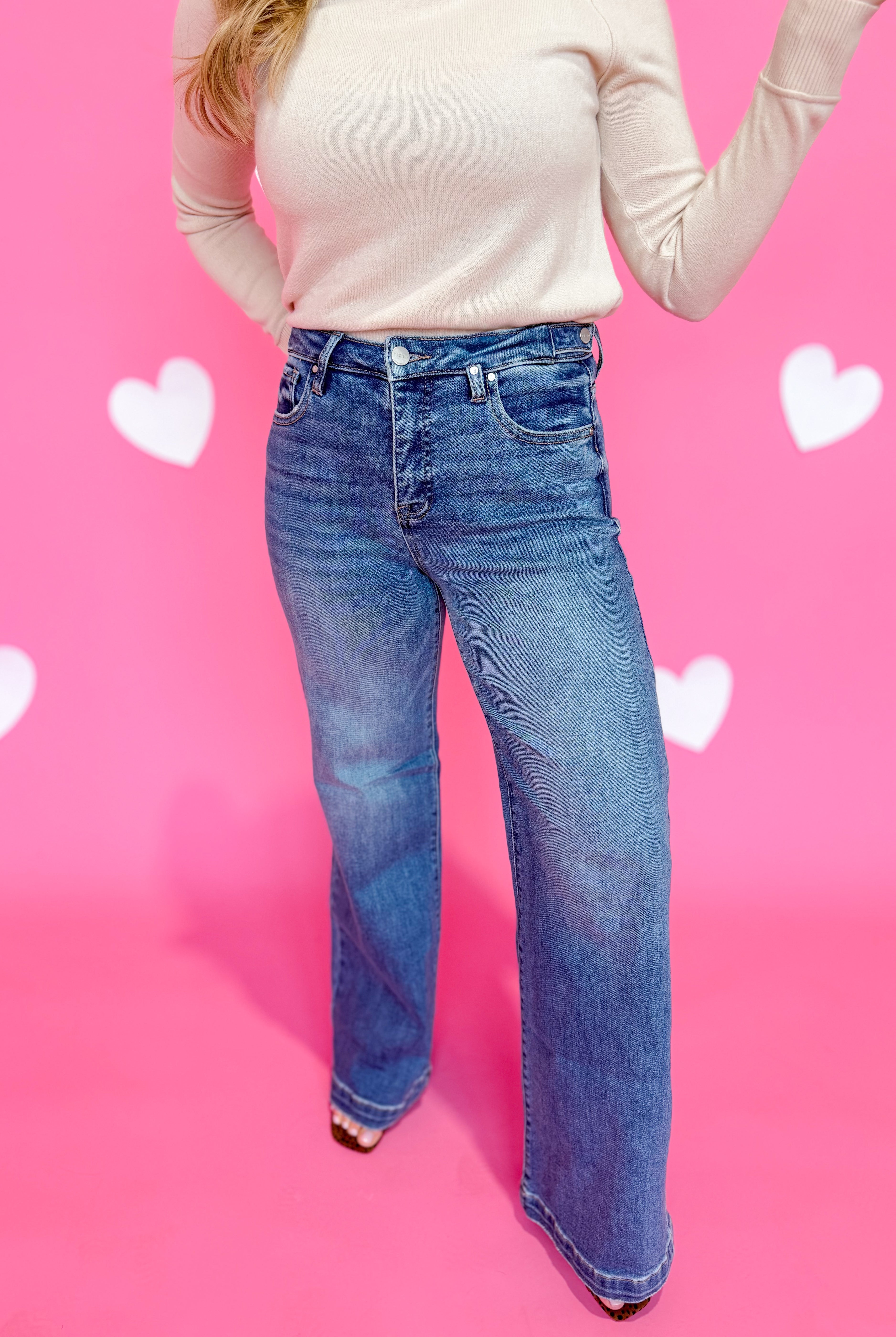 Risen Oscar high rise tummy control wide adjustable jeans from the 146 Core Jeans collection, shown in a natural denim fit.
