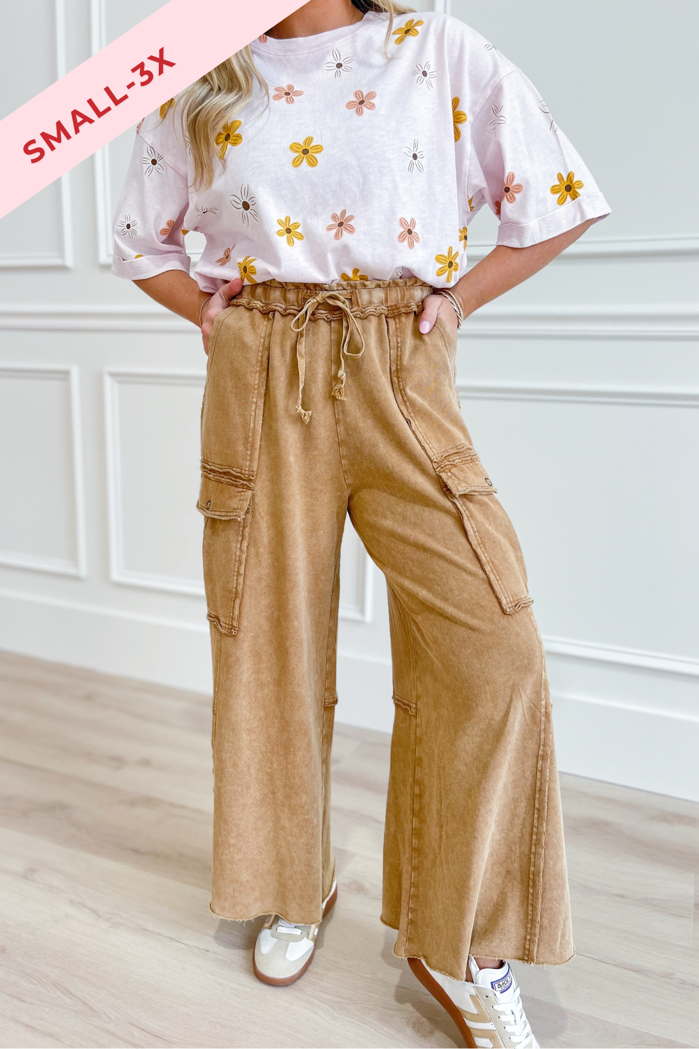 EASEL Mateo Mineral Washed Wide Leg Cargo Pants in natural fabric, showing the relaxed fit and multiple cargo pockets.
