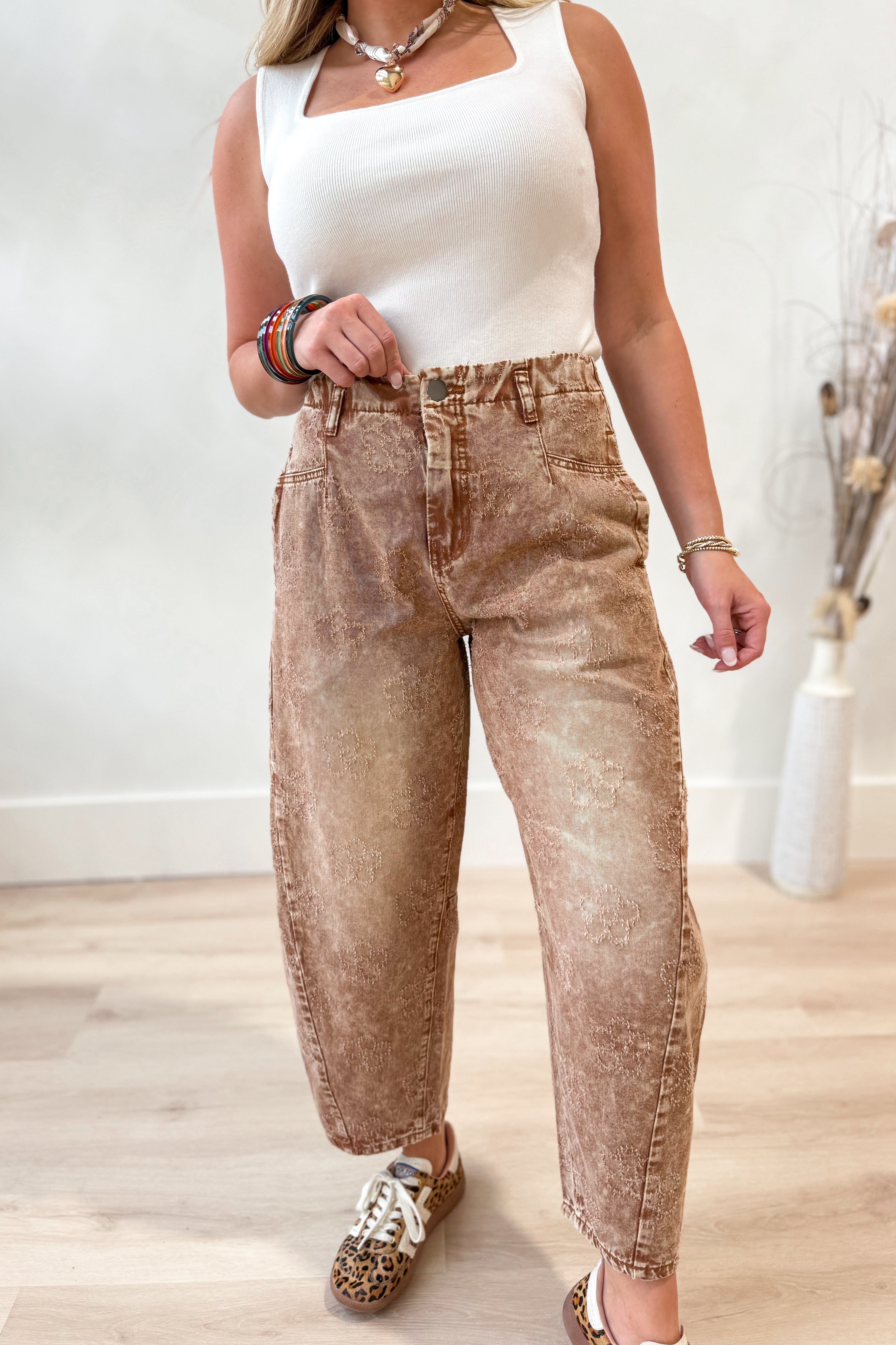 Elle Mineral Wash Flower Embroidered Barrel Jean - Be You Boutique