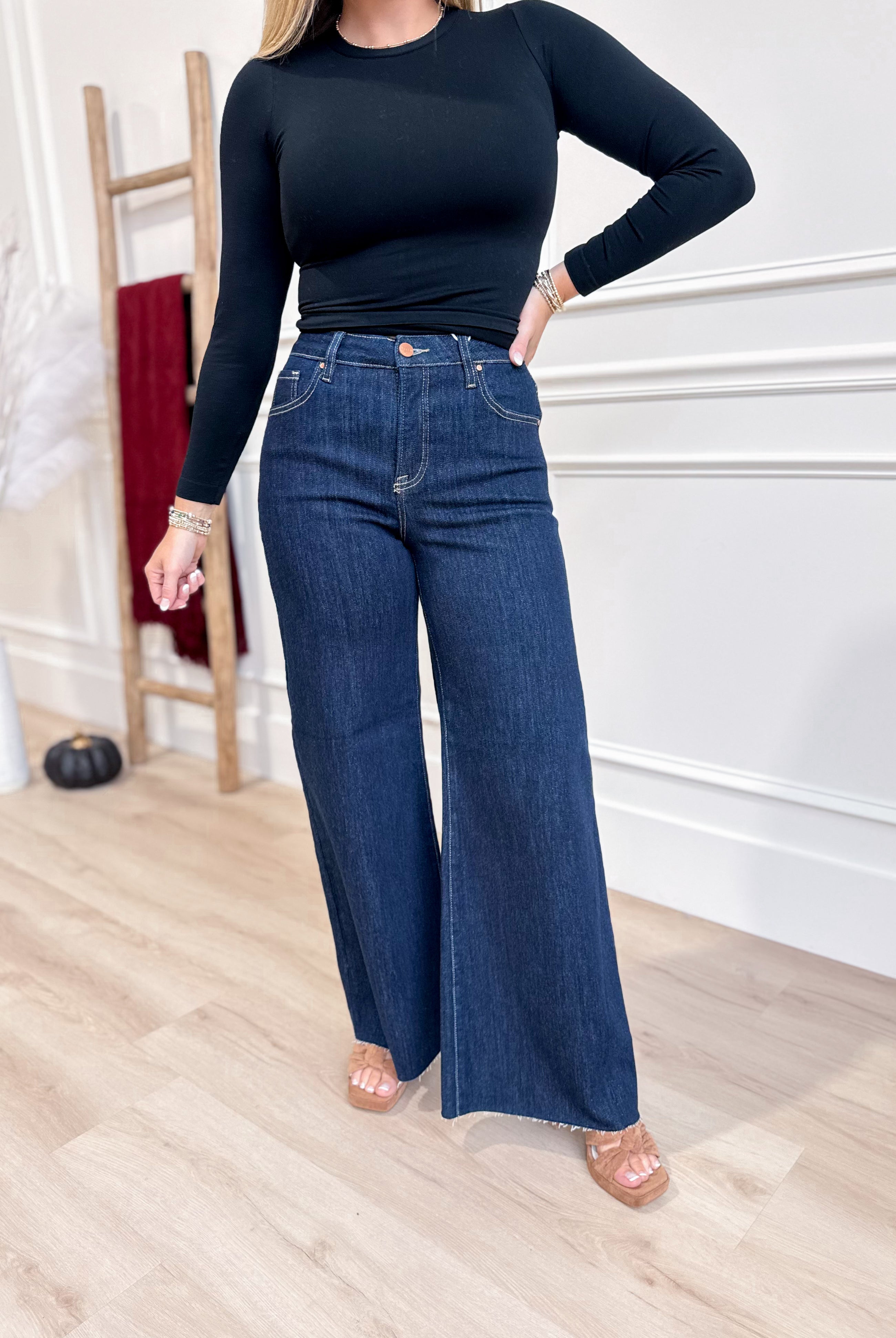 Risen Manny high-rise tummy control gold Palazzo pant from 146 Core Jeans collection, showing the stylish, comfortable fit.