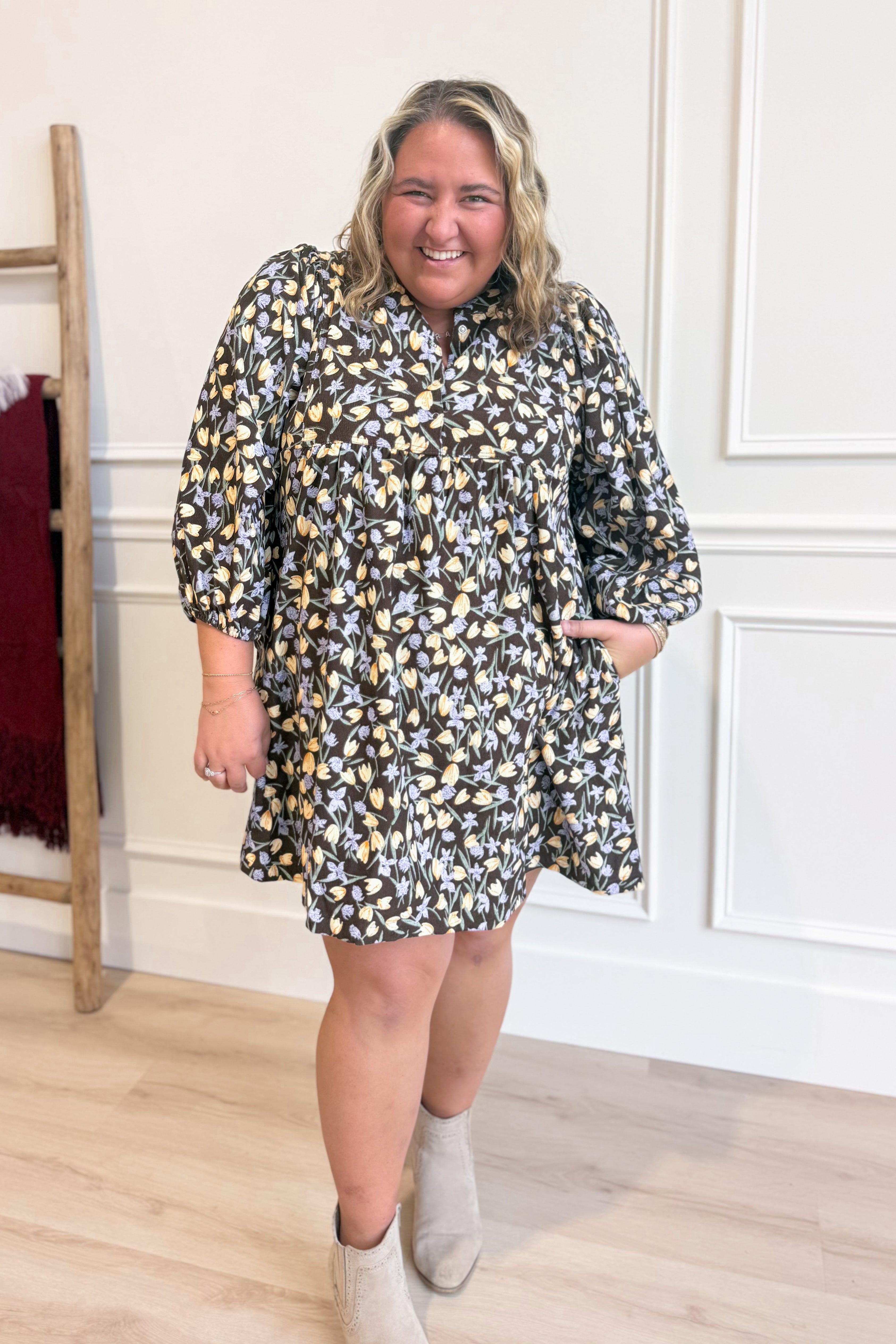 Janie Corduroy Puff Sleeve Dress - Be You Boutique