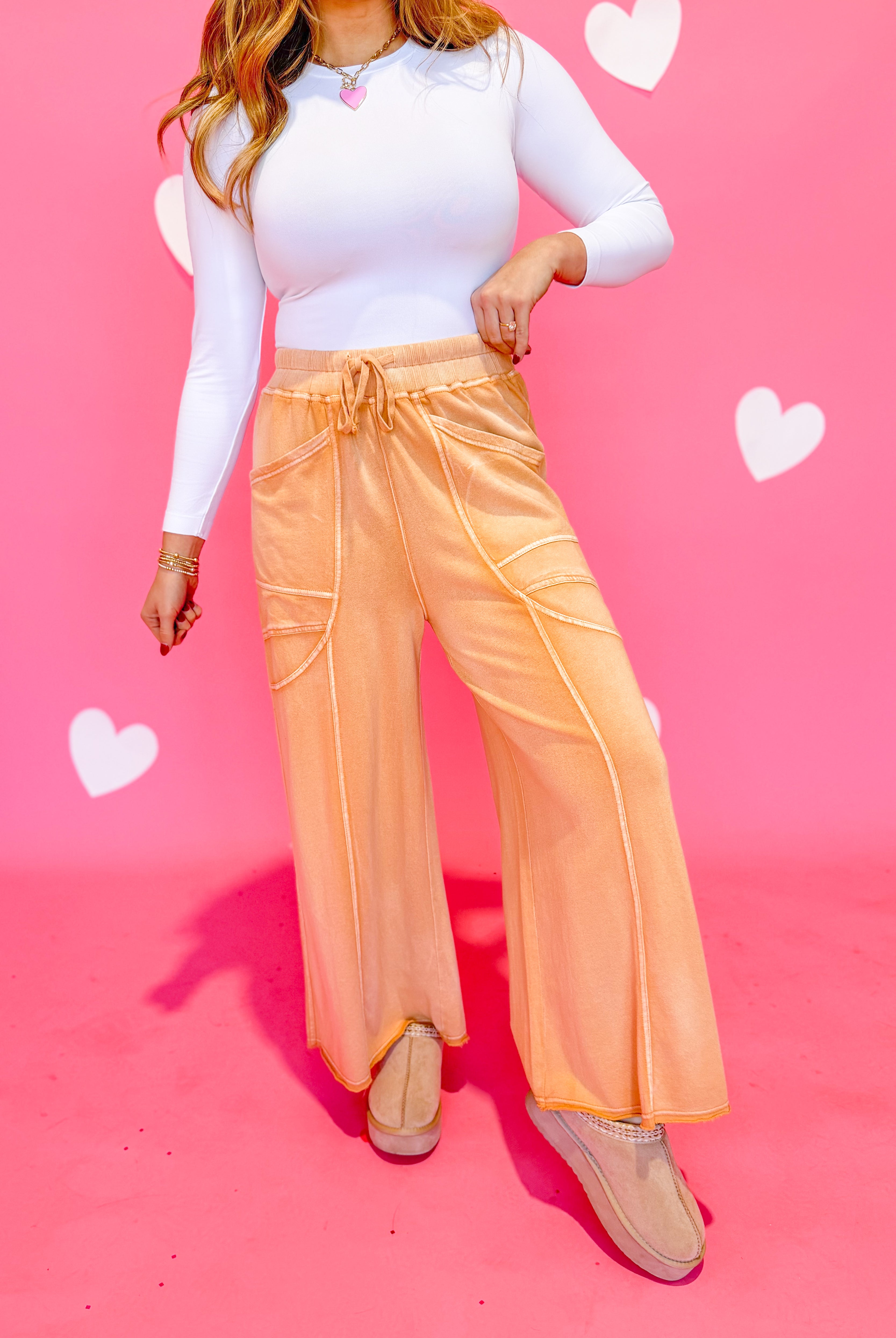 EASEL Luke washed terry knit wide-leg pants in neutral color, shown flat with relaxed fit and soft fabric texture.