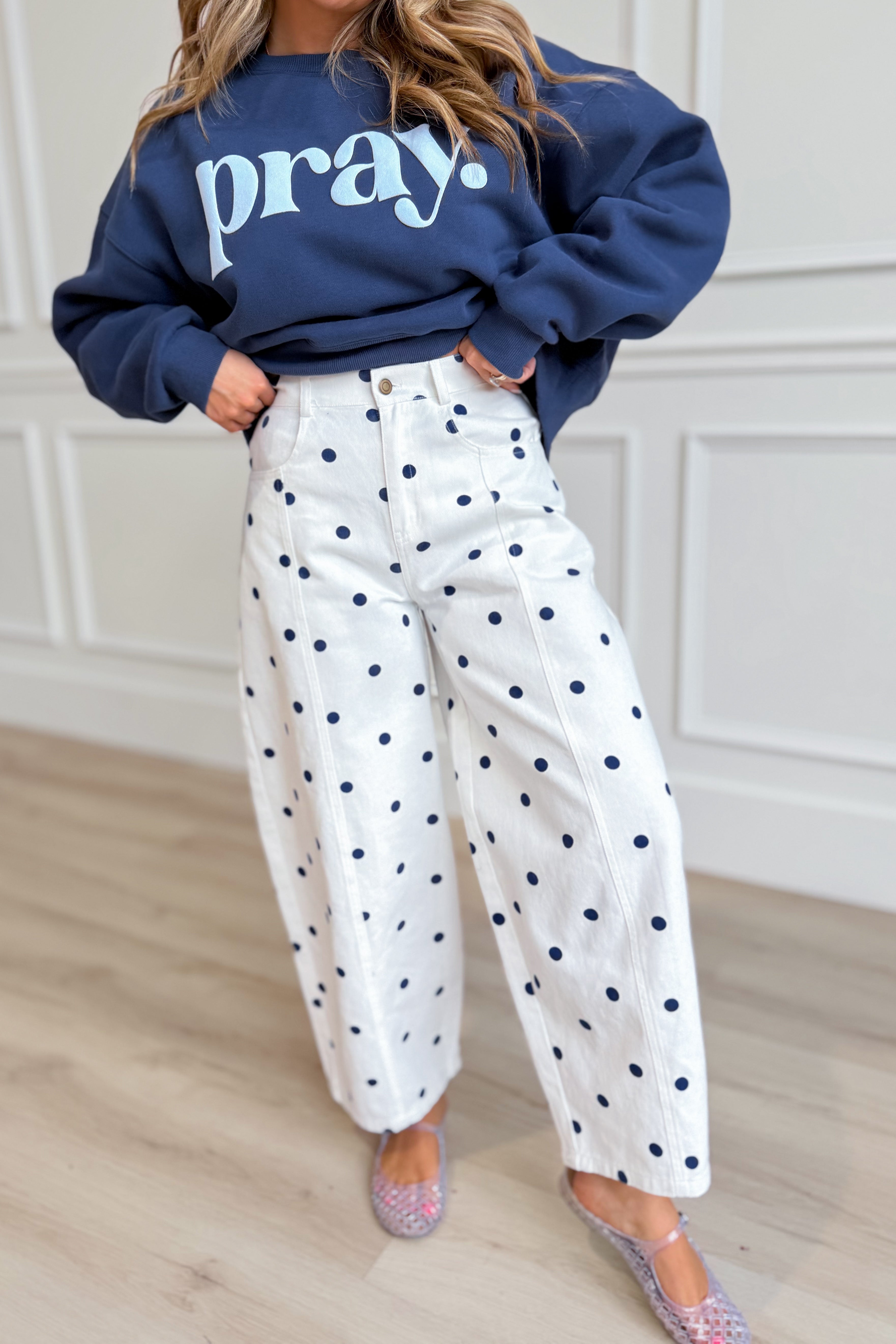 White polka dot barrel jeans from PEACH LOVE's Landry 147 Novelty Jeans collection, displayed with a relaxed fit and stylish design.