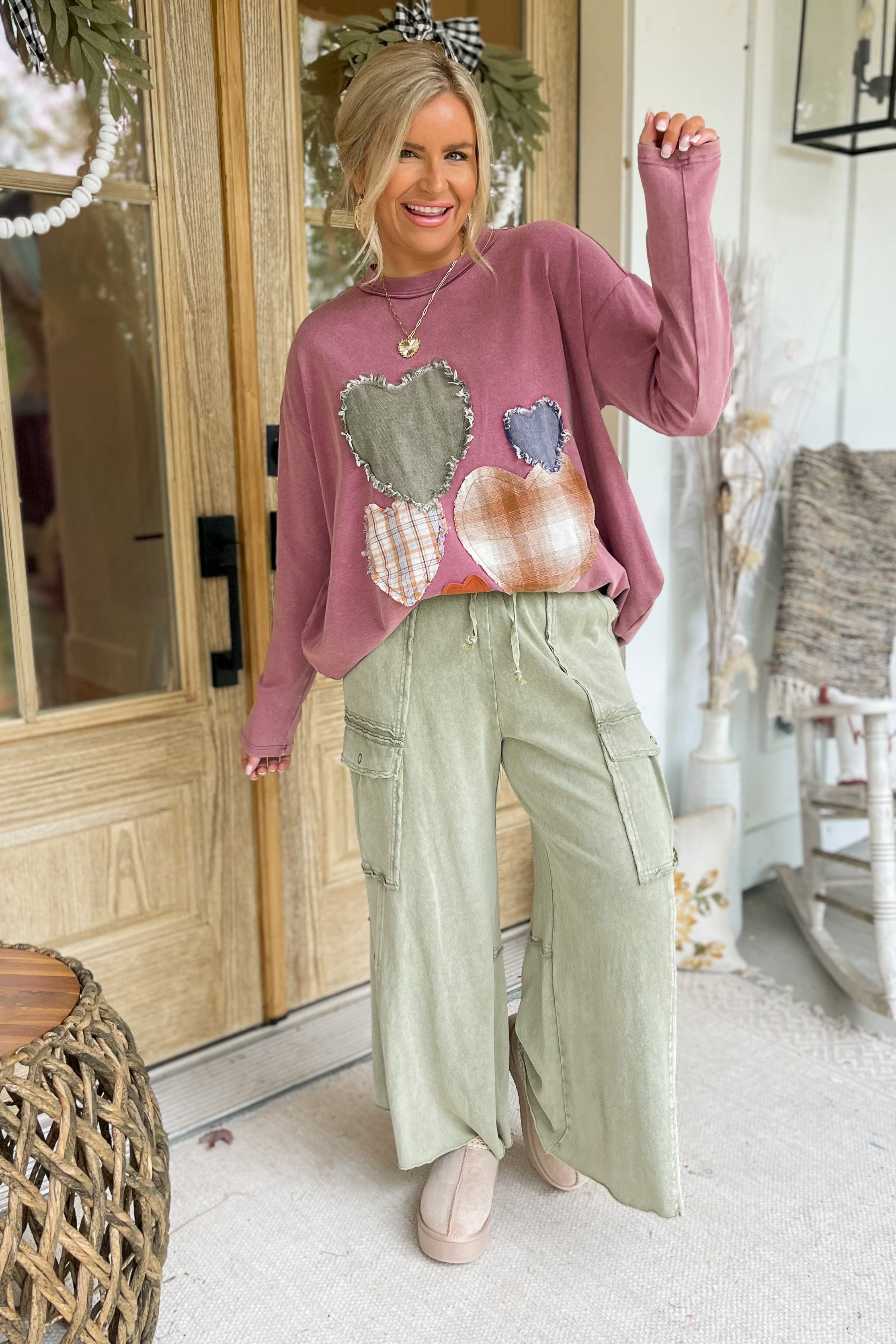 EASEL Mateo Mineral Washed Wide Leg Cargo Pants in khaki, featuring relaxed fit, multiple pockets, and casual style.