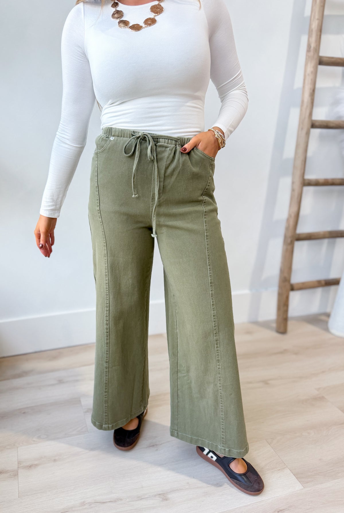 EE:SOME Romeo Dry Herb Mineral Washed Tie Waist Leg Pants, 156 Pants in natural fabric with a relaxed fit and tie waist detail.
