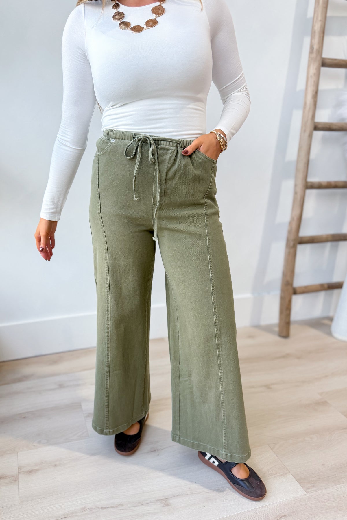 EE:SOME Romeo Dry Herb Mineral Washed Tie Waist Leg Pants, 156 Pants in natural fabric with a relaxed fit and tie waist detail.
