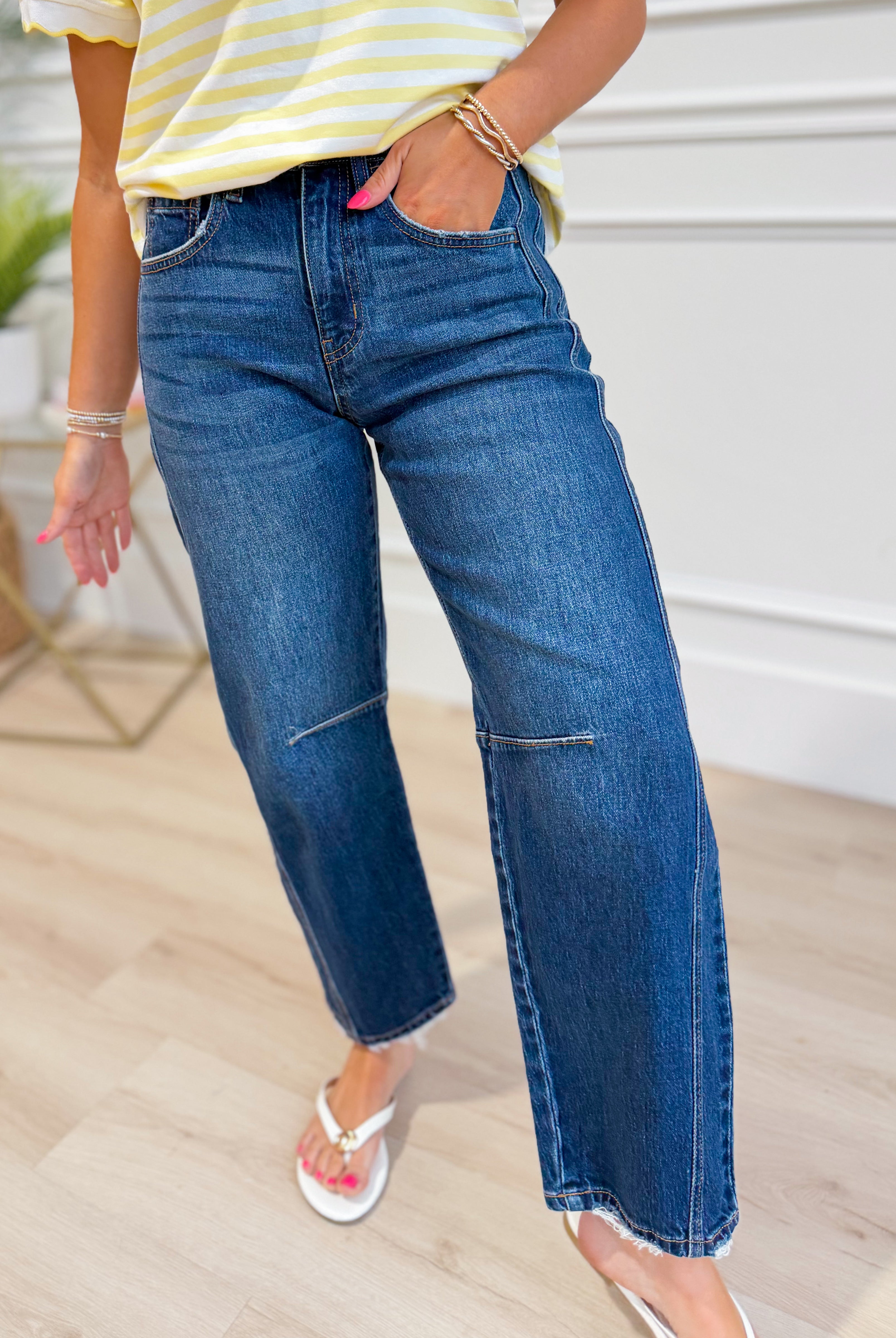 Vervet Kate Dark Barrel Jean from 146 Core Jeans collection, showing the classic dark denim with a fitted silhouette.