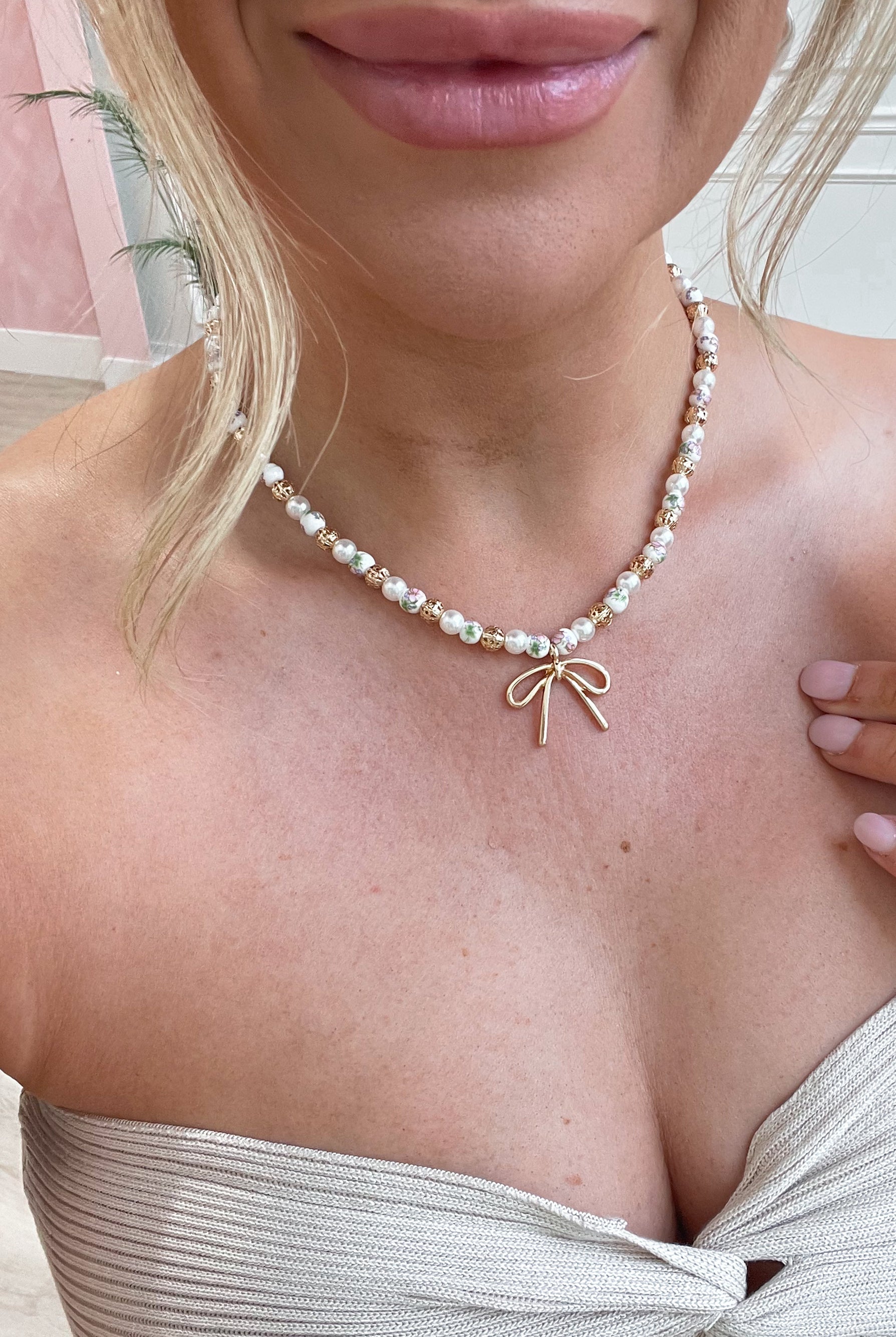 Drop Bow Gold Beaded Necklace - Be You Boutique