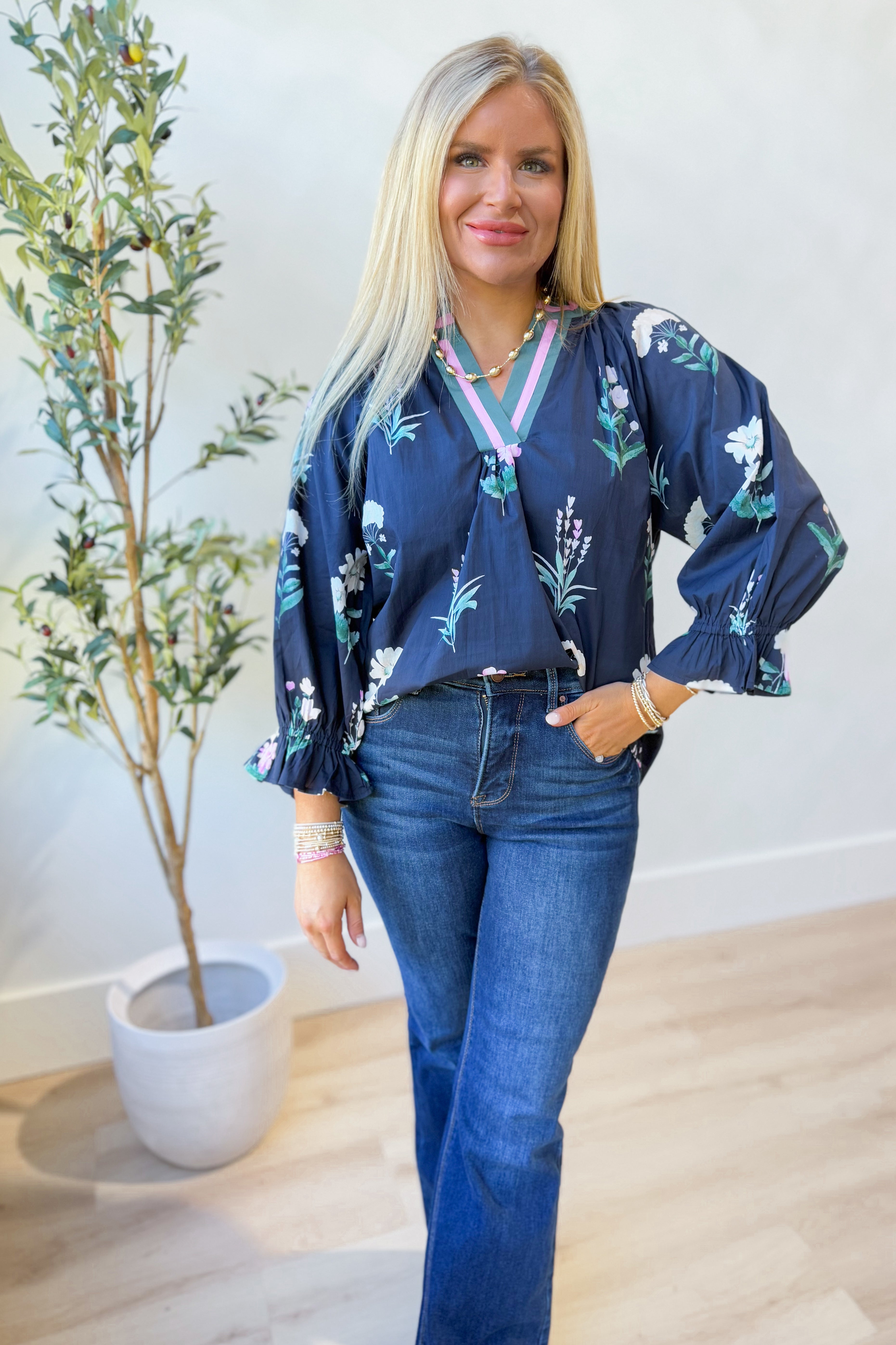 Hannah Floral Print Contrast Trim Blouse - Be You Boutique