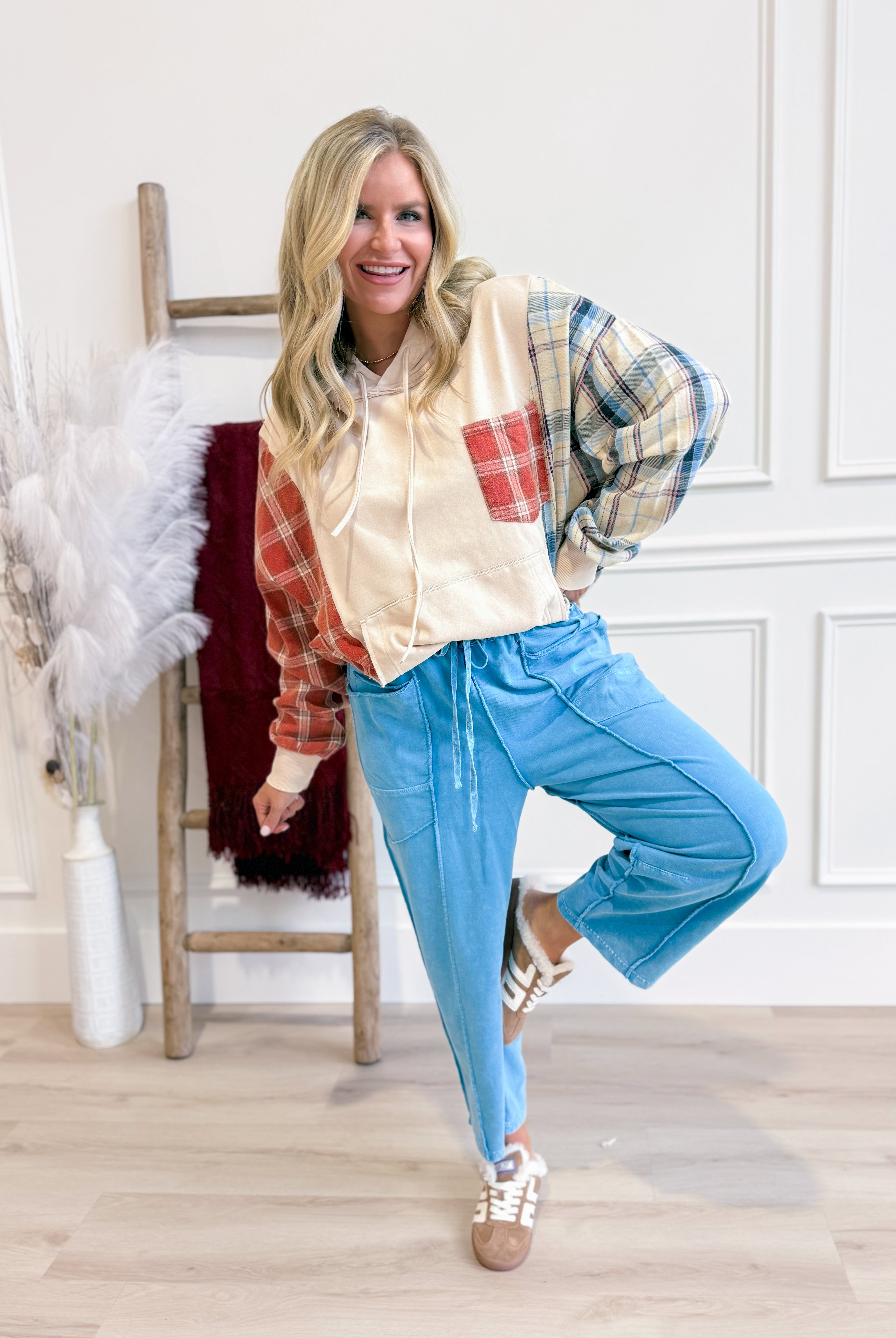 Laney Plaid Mixed Washed Terry Sweatshirt - Be You Boutique