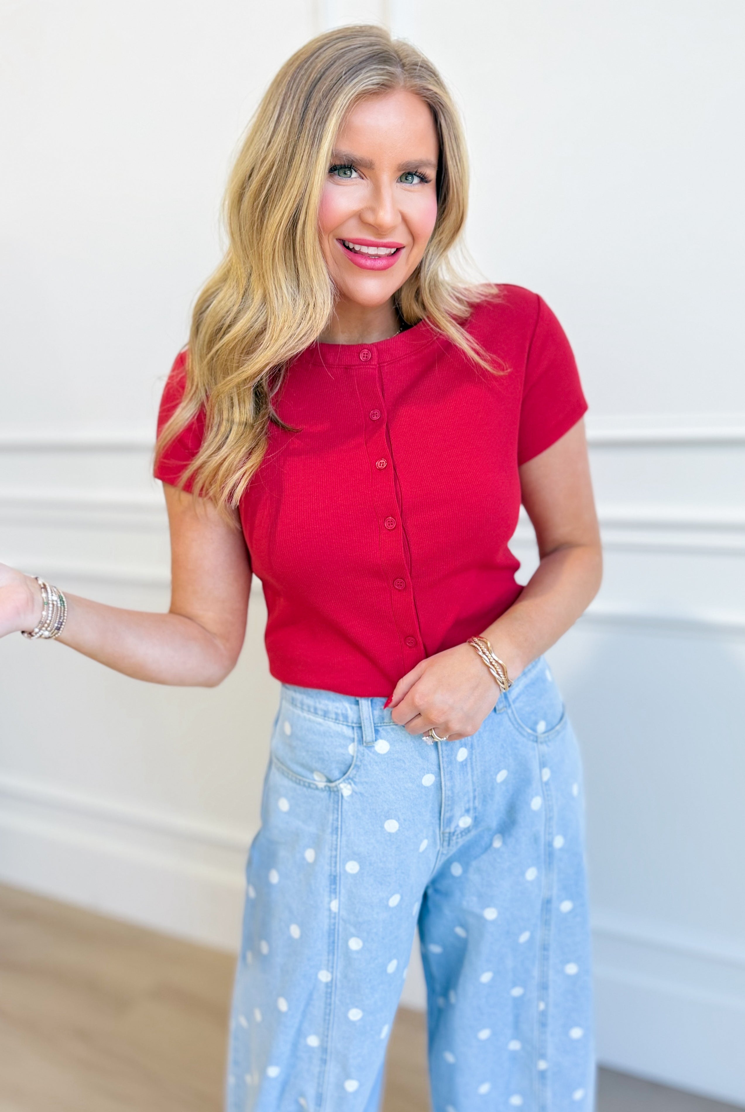 Ruth red ribbed button-up top by HYFVE, casual style with a fitted design, shown on a neutral background.