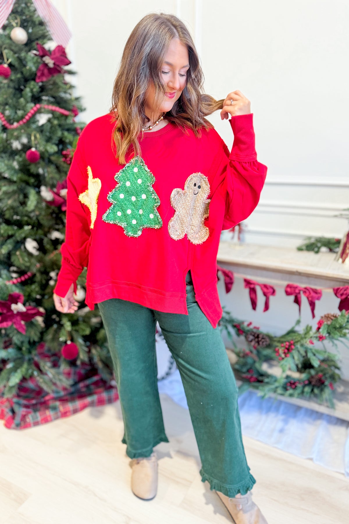 Peach Love Tweed Christmas Patch Pullover Sweatshirt featuring festive holiday graphic and cozy textured fabric.