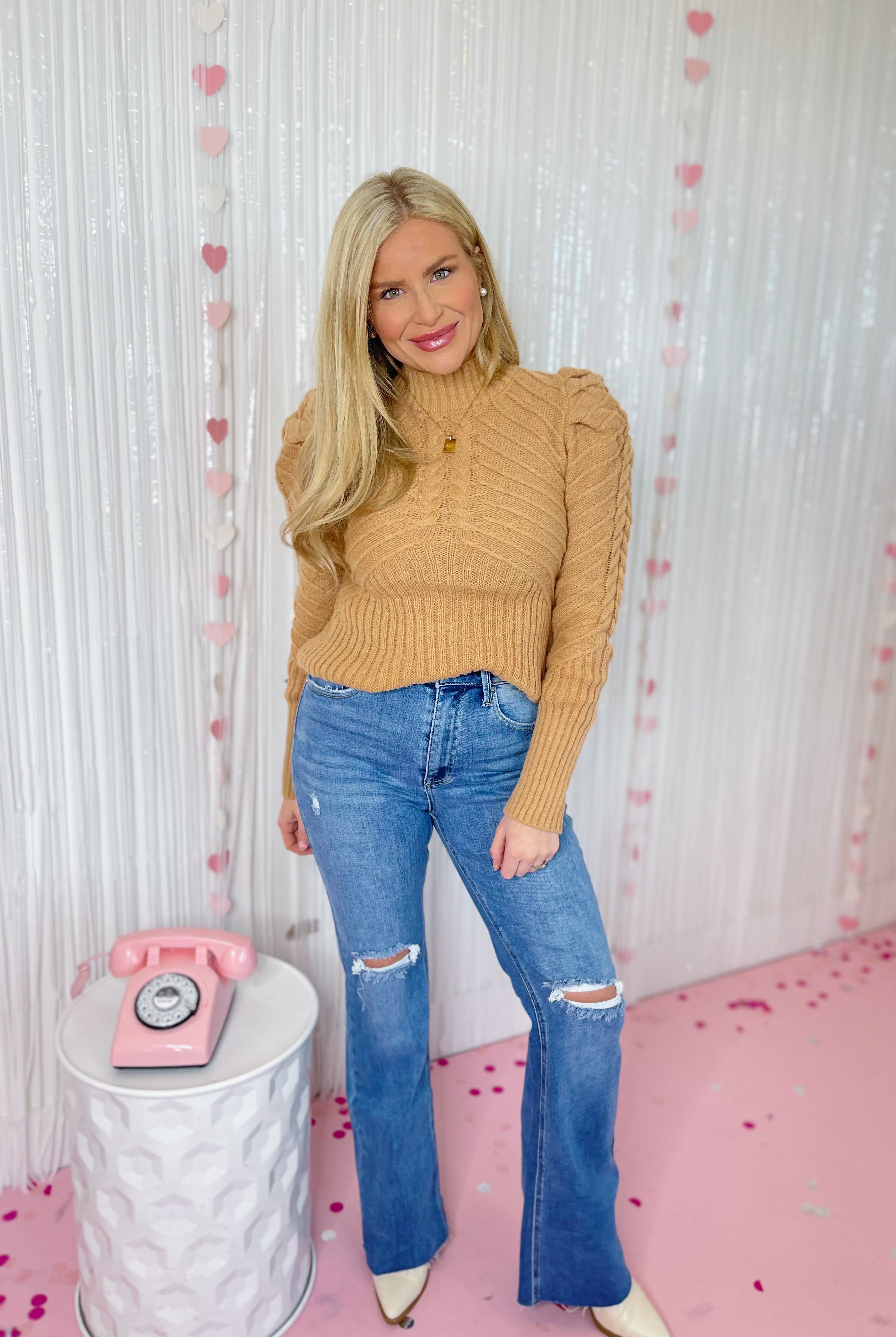 Darrin Mock Neck Puff Shoulder Sweater - Be You Boutique