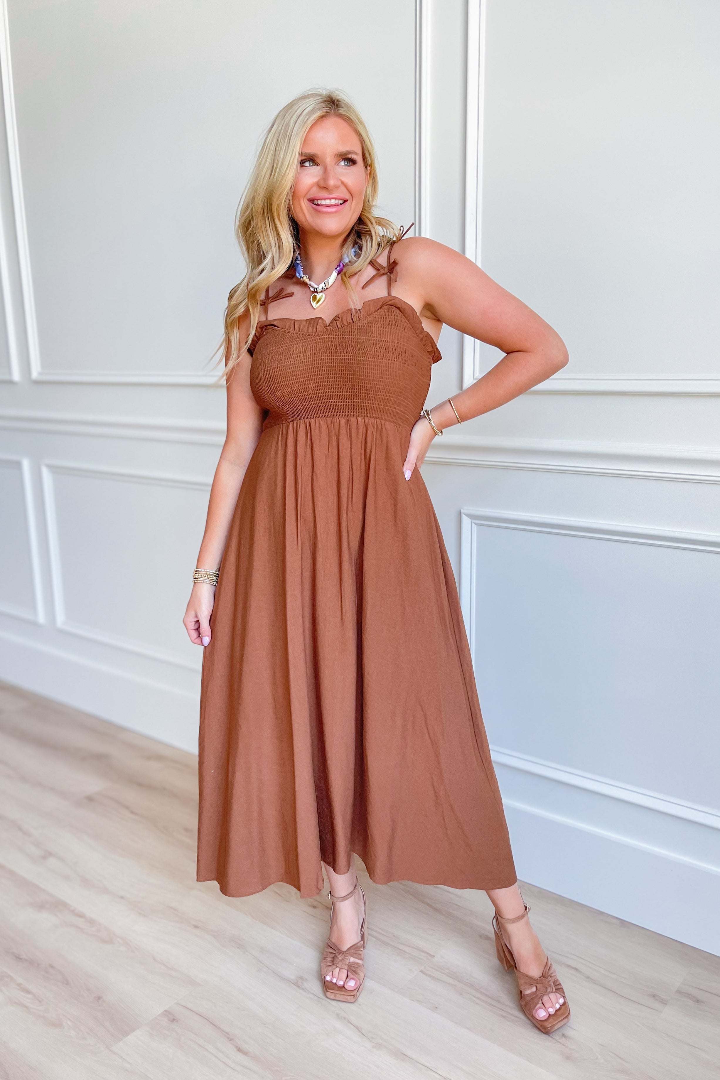 Maddie Smocked Bow Strap Midi Dress - Be You Boutique