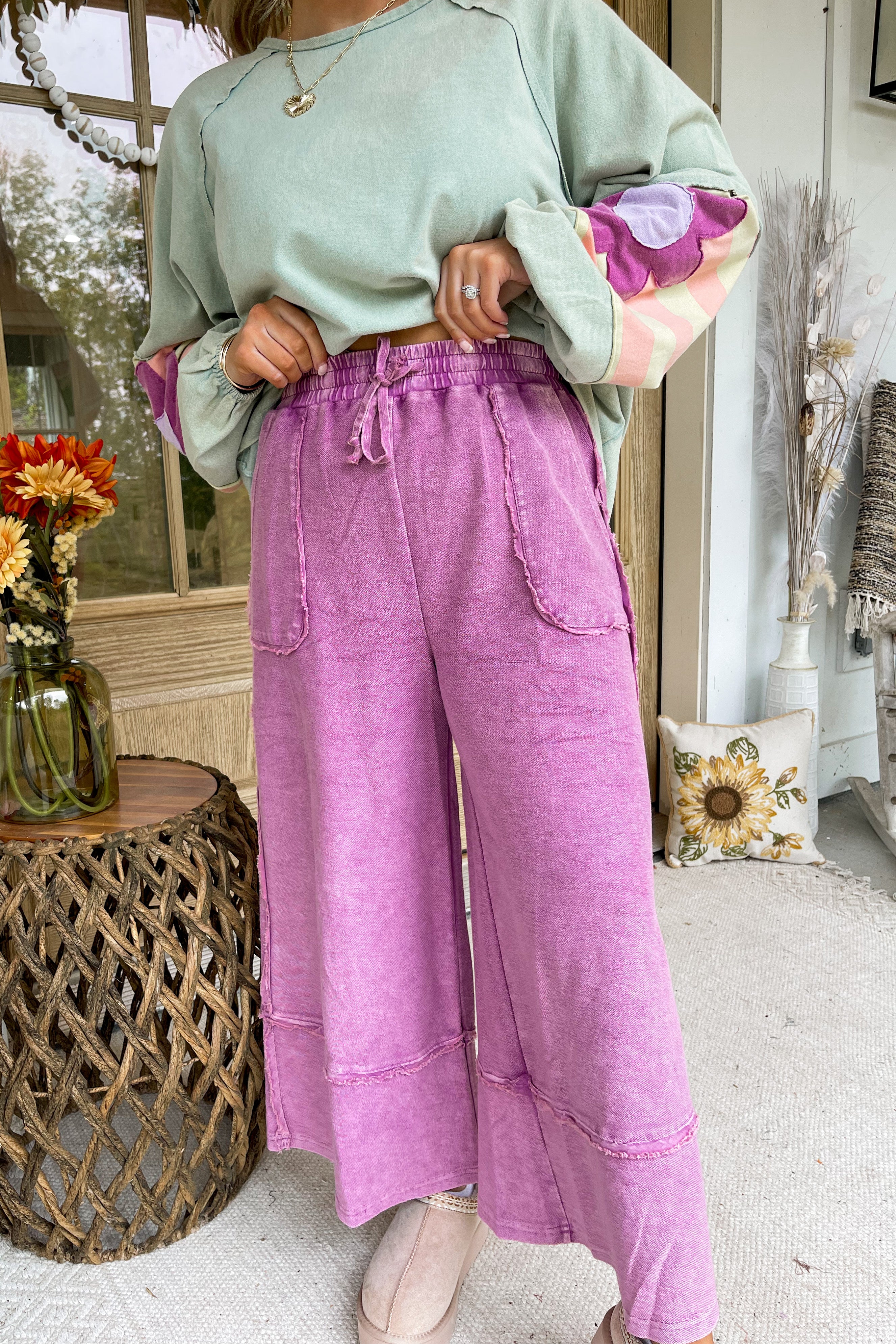 EASEL Caris Mineral Washed Upside Down Terry Knit Wide Leg Palazzo Pants in various sizes, draped fabric, casual comfort style