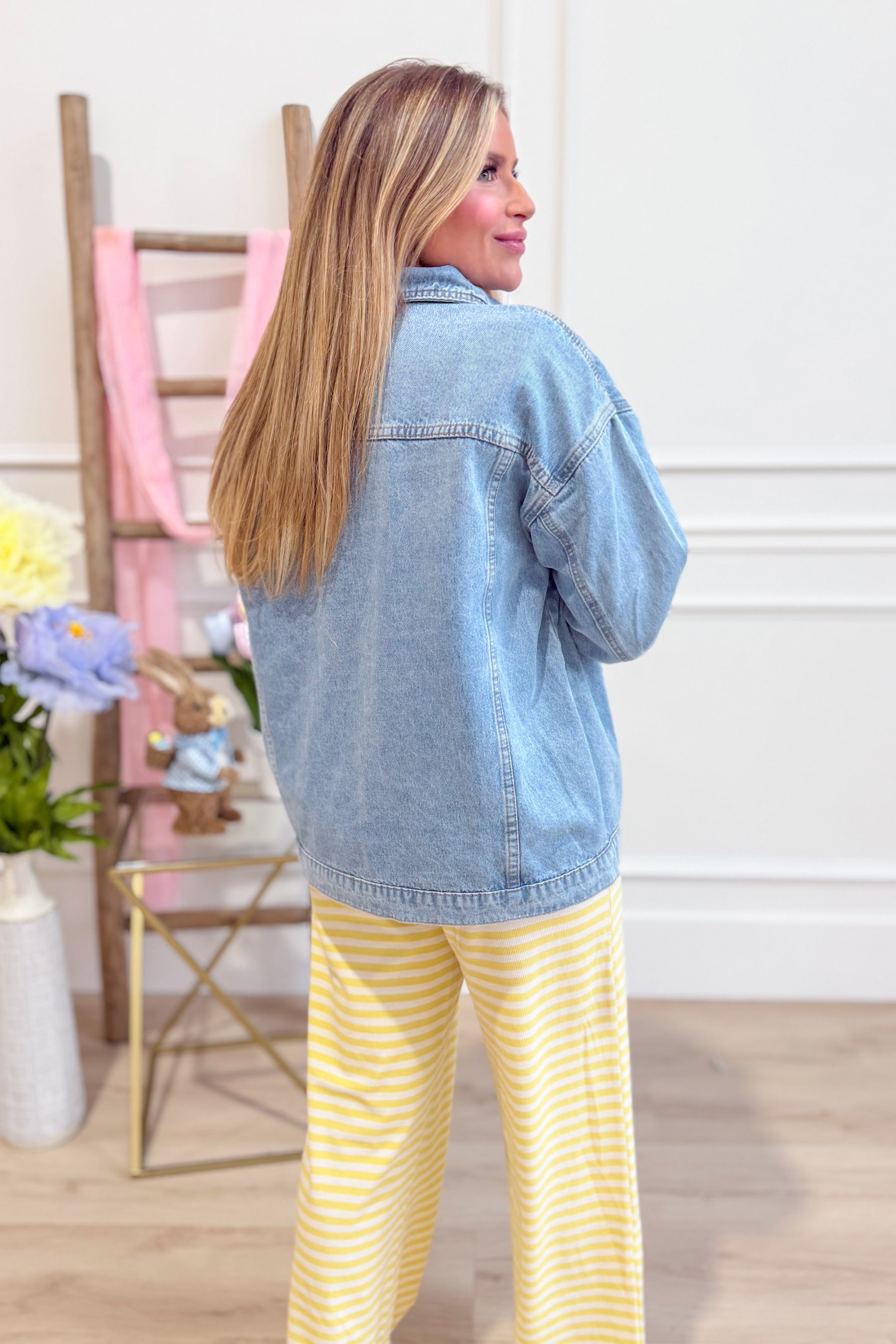 WISHLIST Winnie Washed Denim Jacket, 140 Outerwear, featuring classic blue denim with a relaxed fit and button front.
