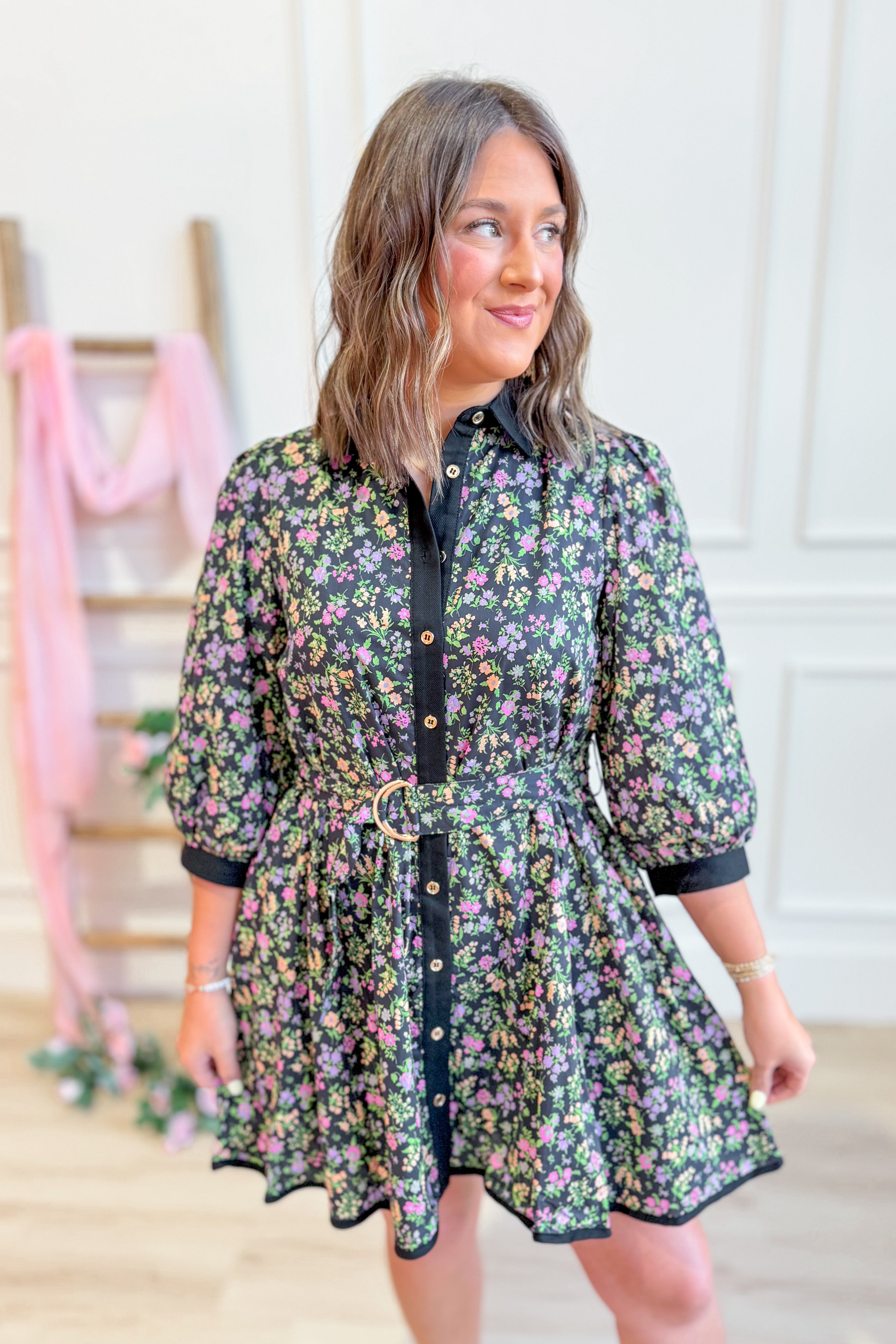 Court Belt Buckle Flower Printed Dress - Be You Boutique