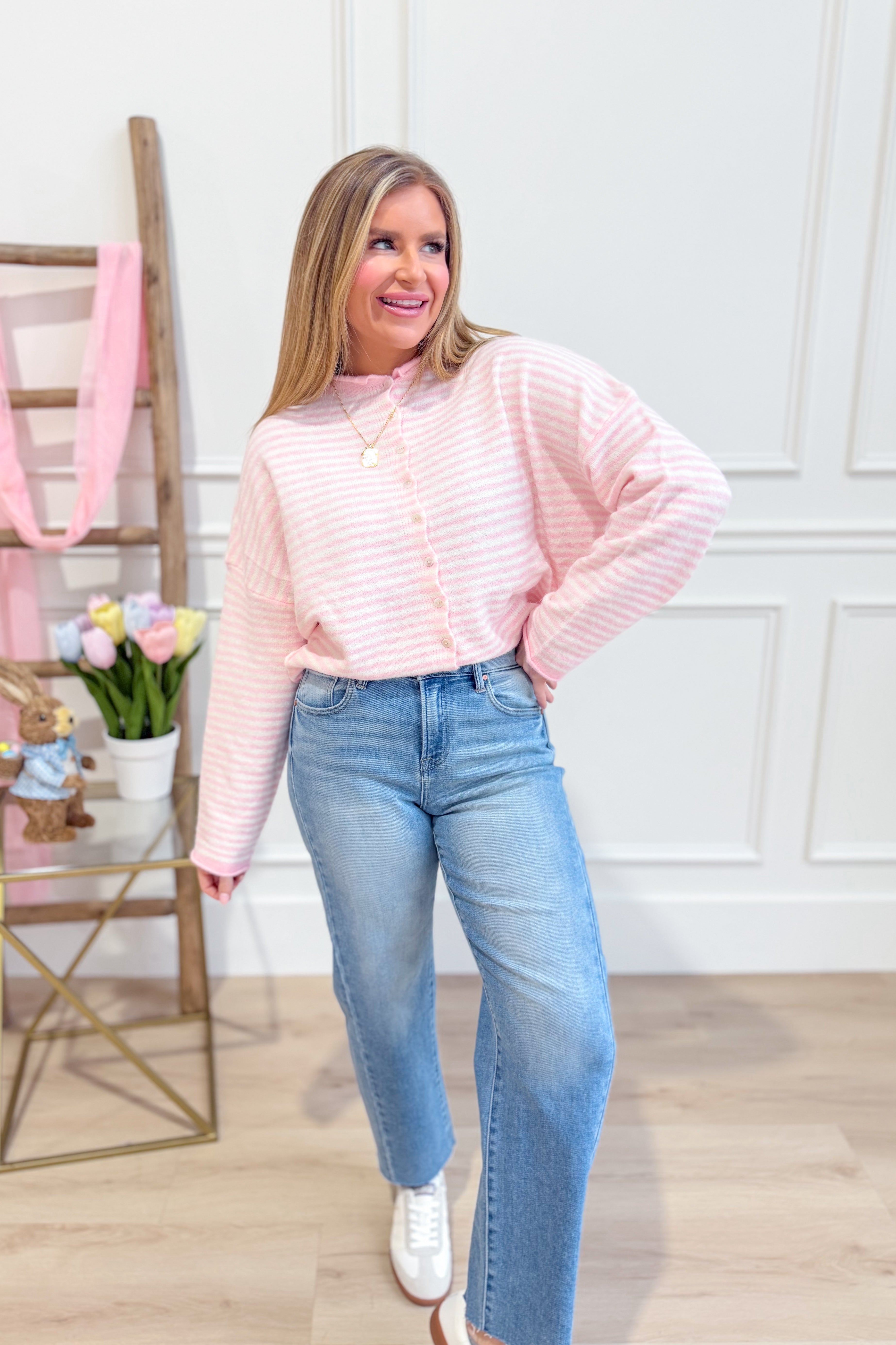 Olivia Pink Mini Striped Cardigan - Be You Boutique