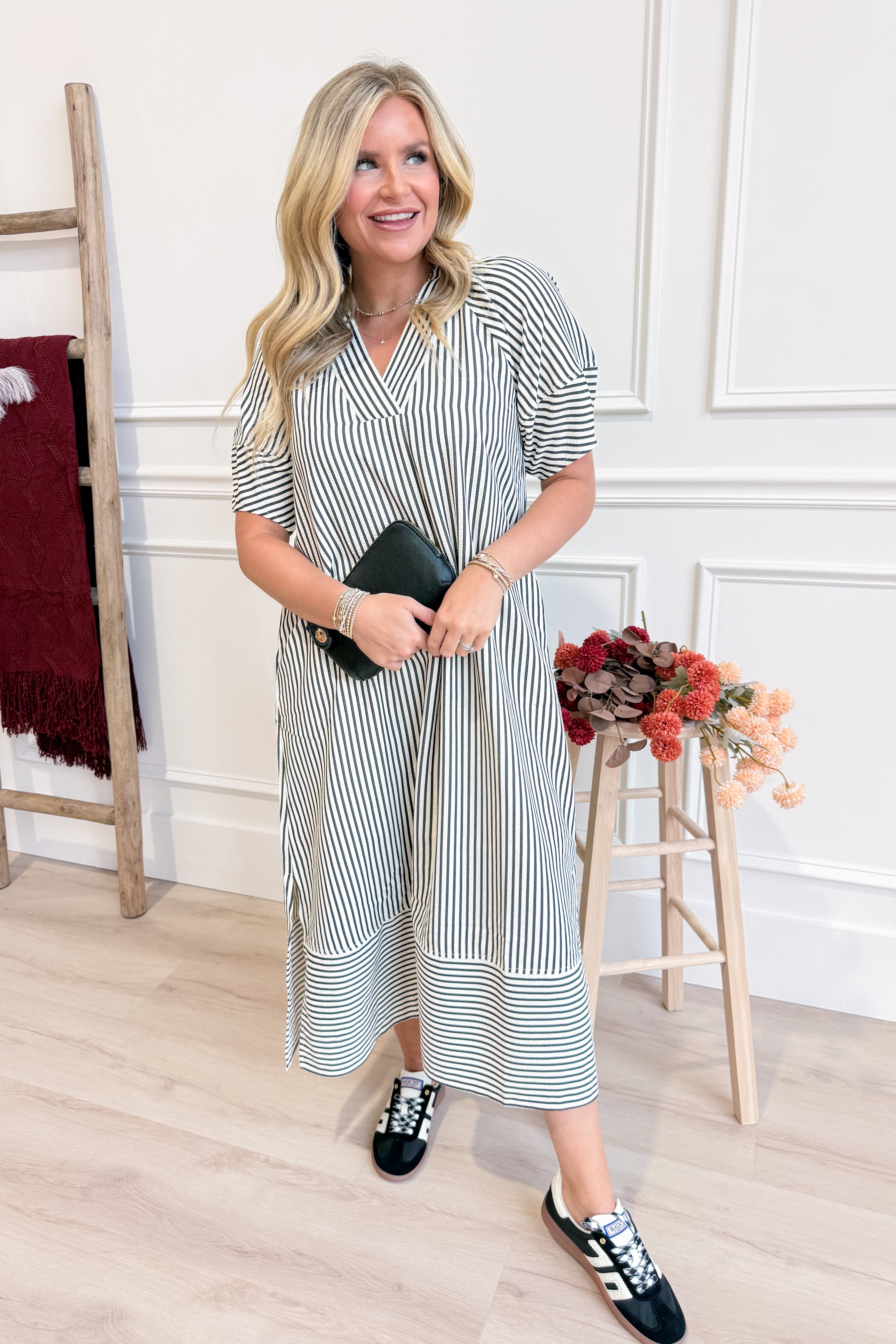 Karen Striped Split Neck Midi Dress - Be You Boutique