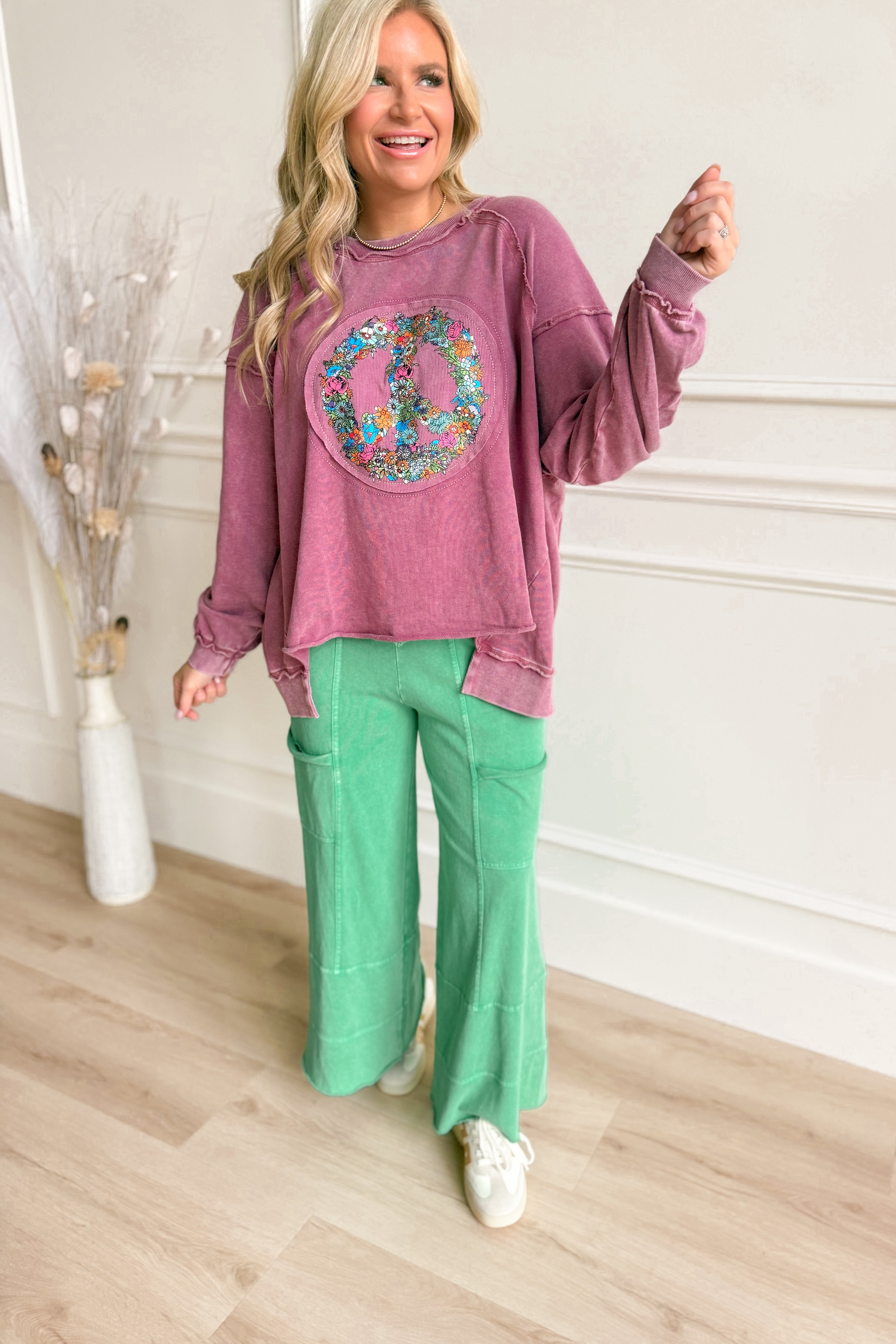 Binny Mineral Washed Peace Sign Pullover - Be You Boutique