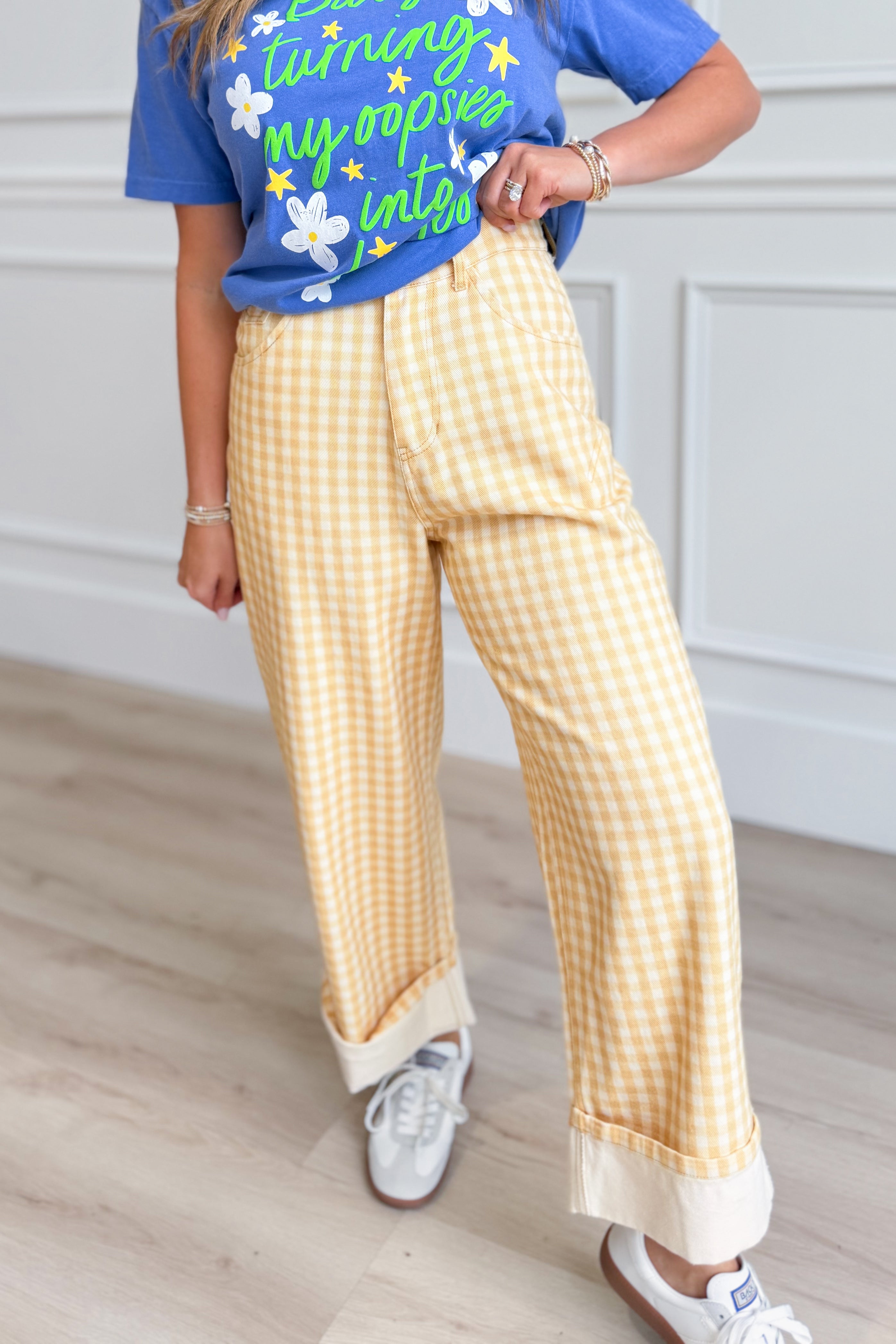 Luis Lt Yellow Gingham Rolled Hem Barrel Pant from PEACH LOVE, featuring a bright yellow gingham pattern and relaxed fit.