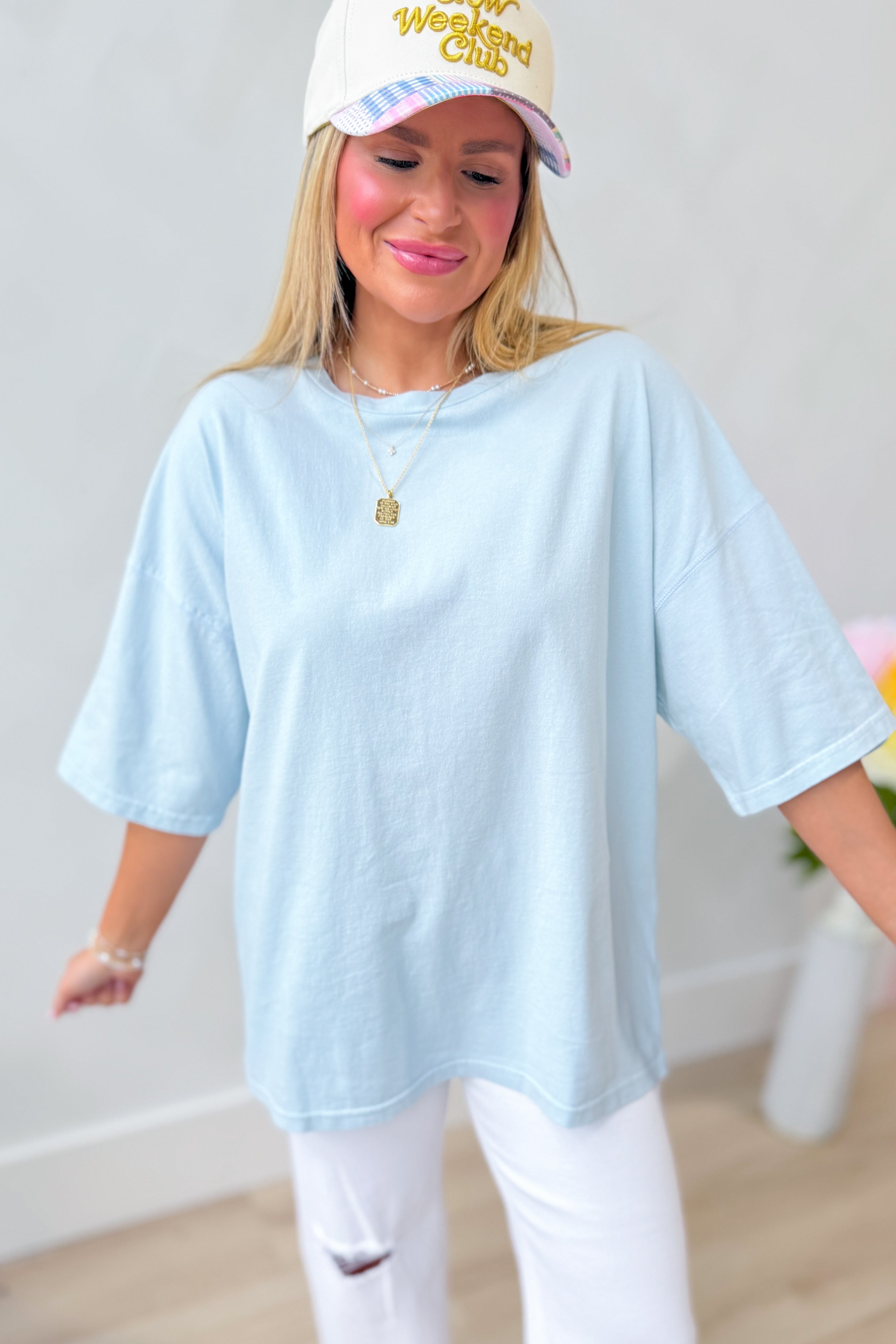 Blue Cody basic relaxed casual top by PEACH LOVE, showcasing a comfortable, solid design with a relaxed fit.