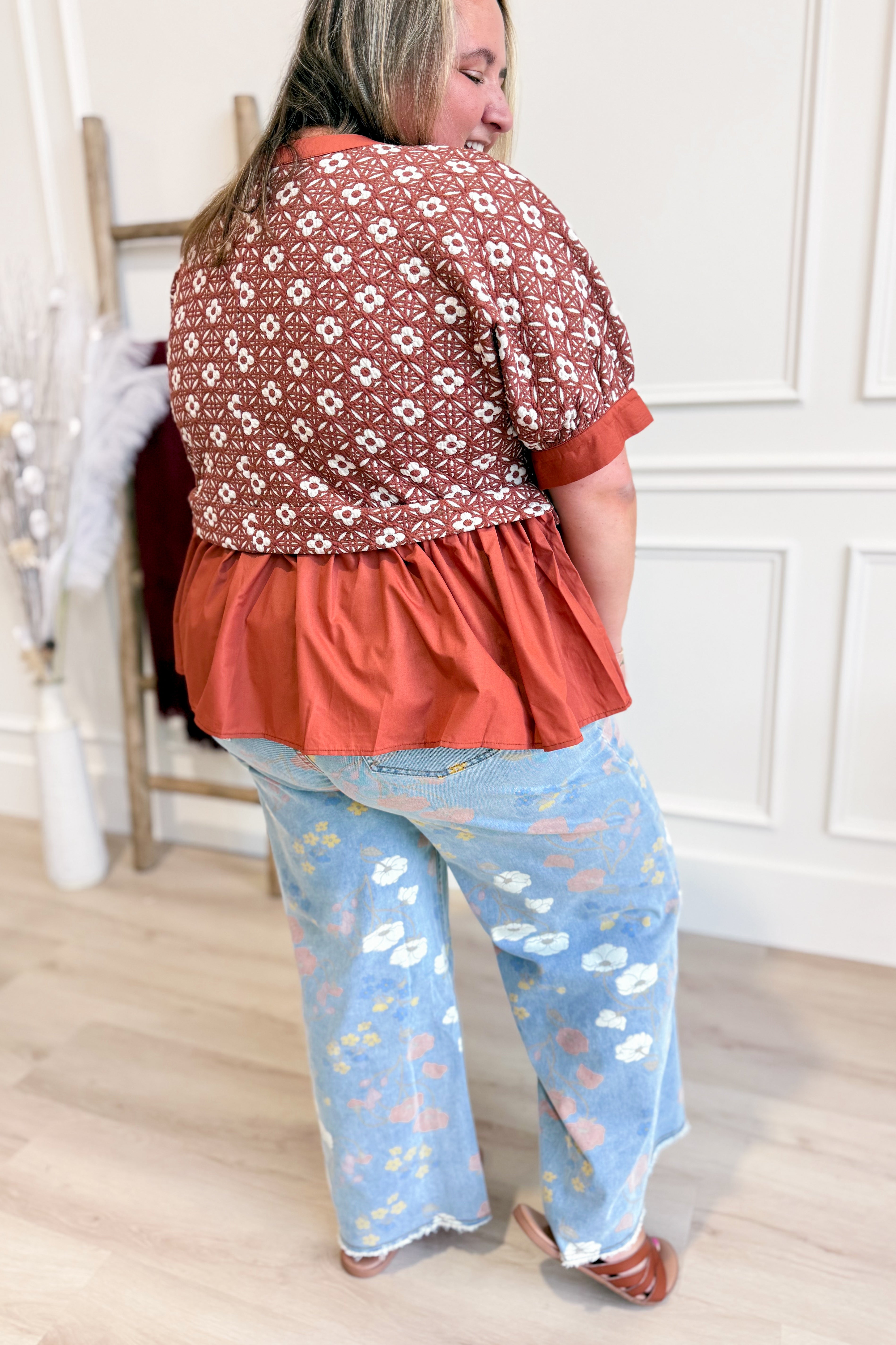 Francine Floral Jacquard Ruffle Hem Top - Be You Boutique