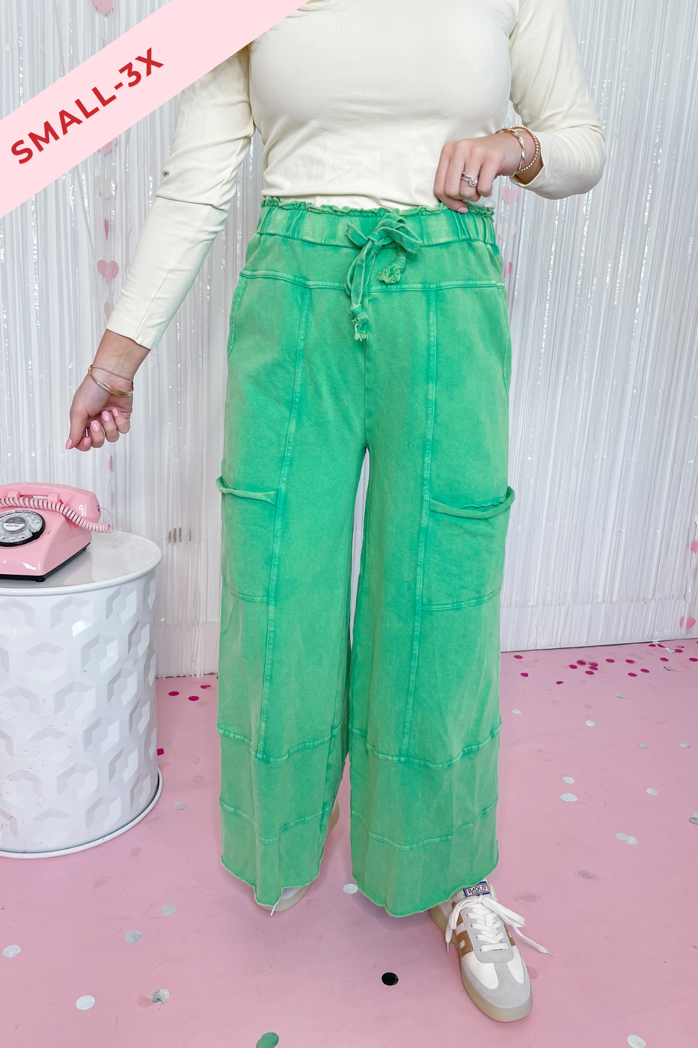 EASEL Bradley Mineral Washed Terry Knit Wide Leg Pants in various sizes, featuring soft fabric and relaxed fit.