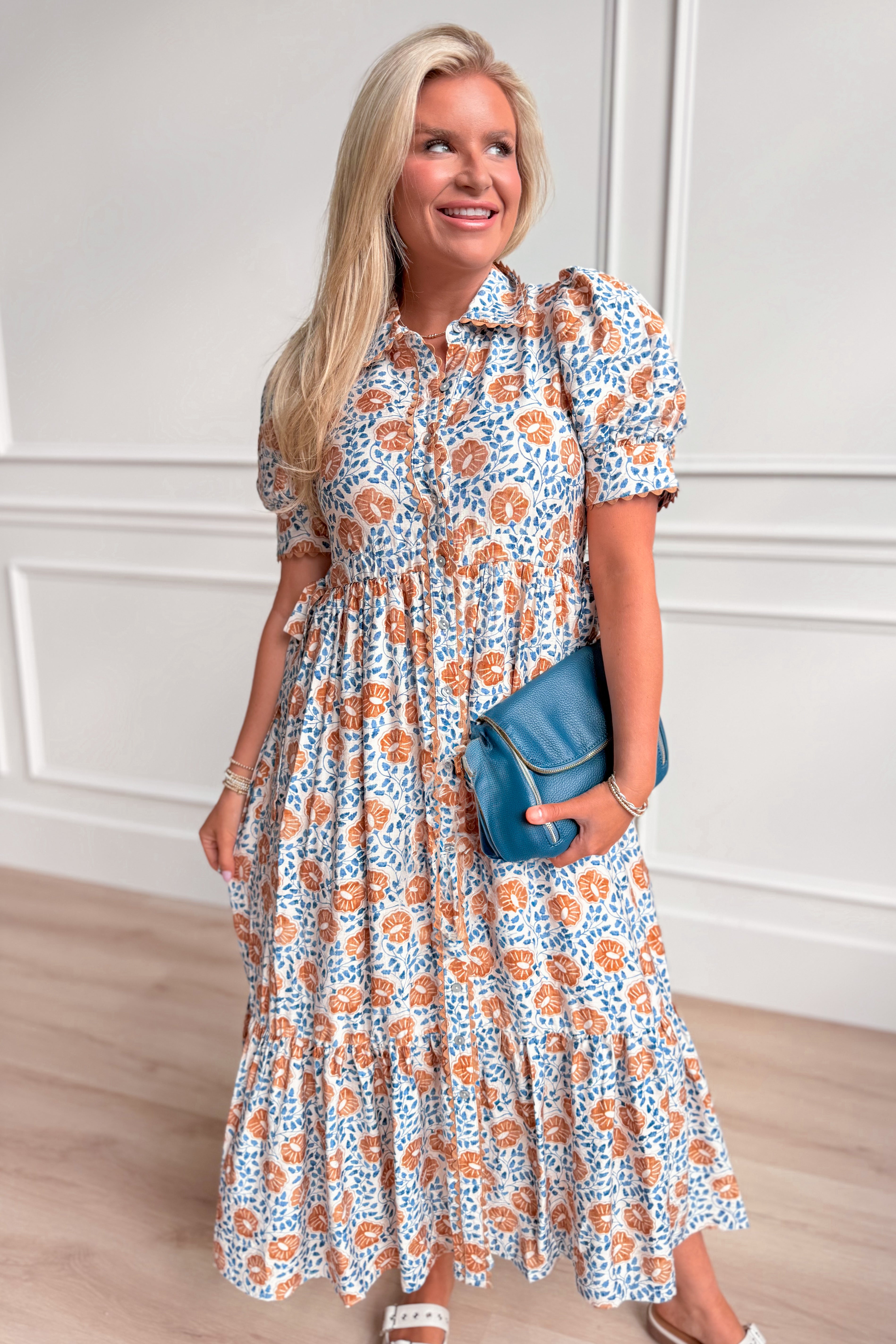 Sylvia Scallop Trim Puff Sleeve Midi Dress - Be You Boutique