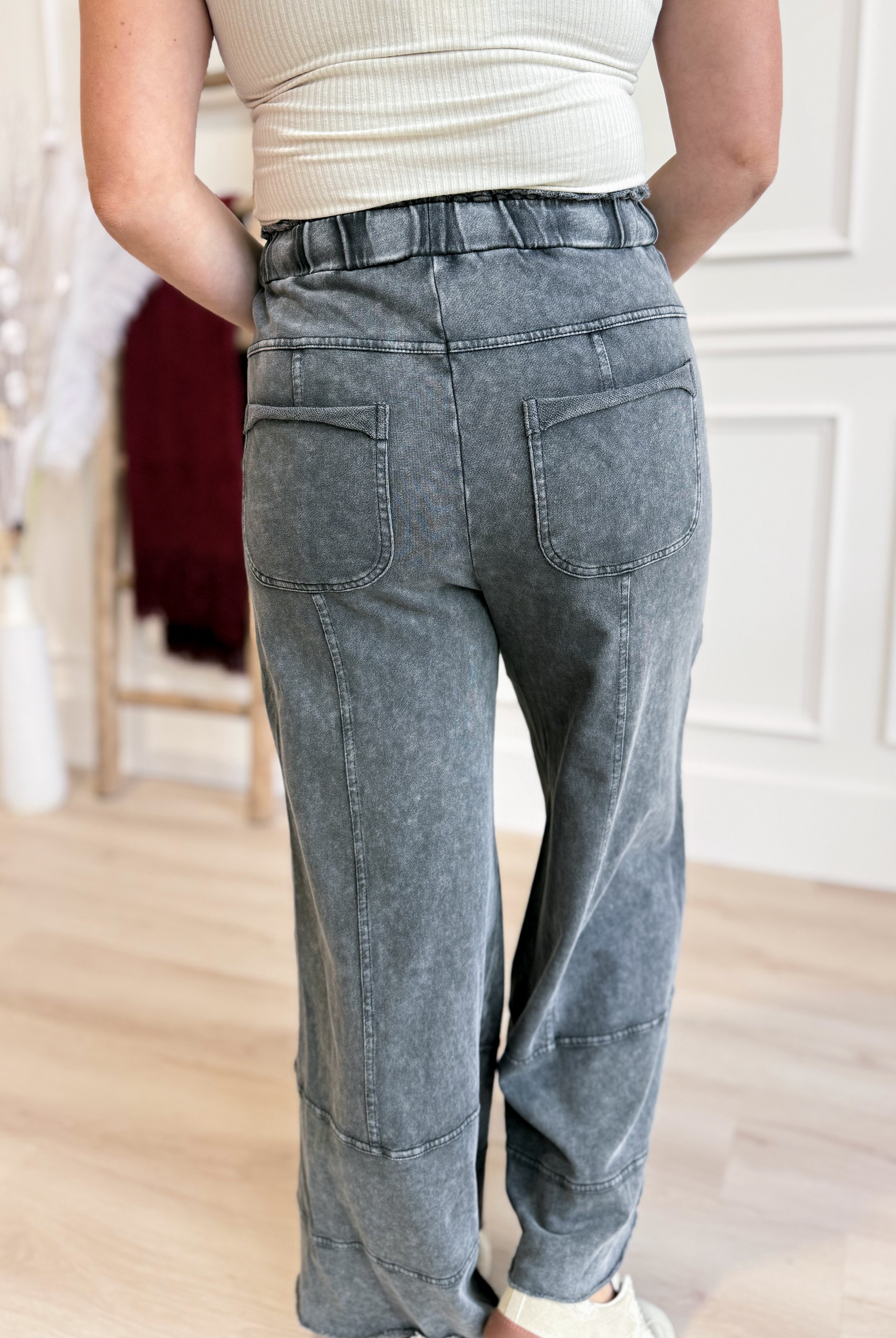 EASEL Bradley mineral washed terry knit wide-leg pants in neutral fabric, showing relaxed fit and soft textured material.