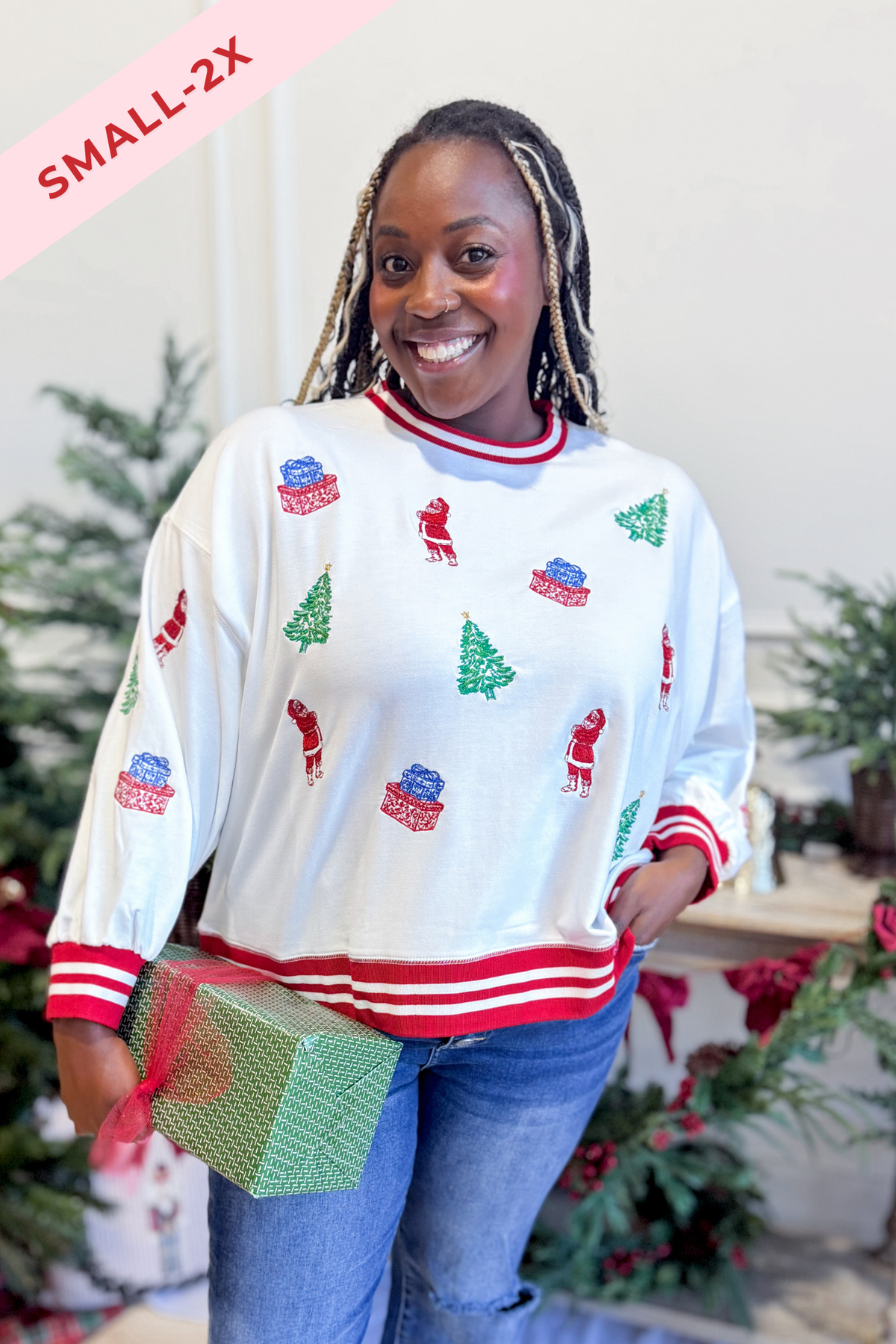 Mary Square Millie Tidings and Toile graphic pullover sweatshirt with holiday toile design