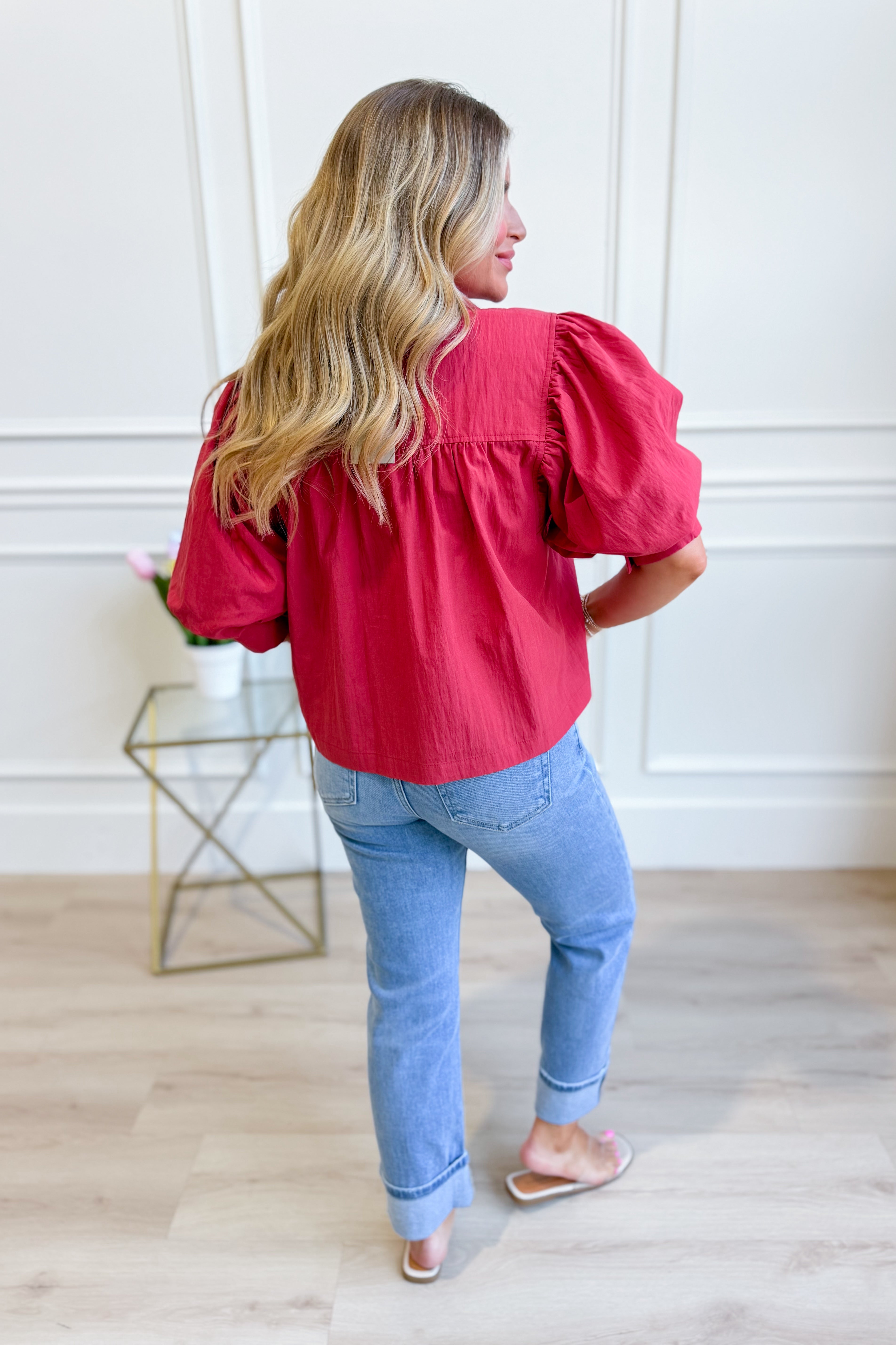 EE:SOME Tonya solid puff sleeve button-down top in a dressy style, featuring a classic collar and button front in lightweight fabric.