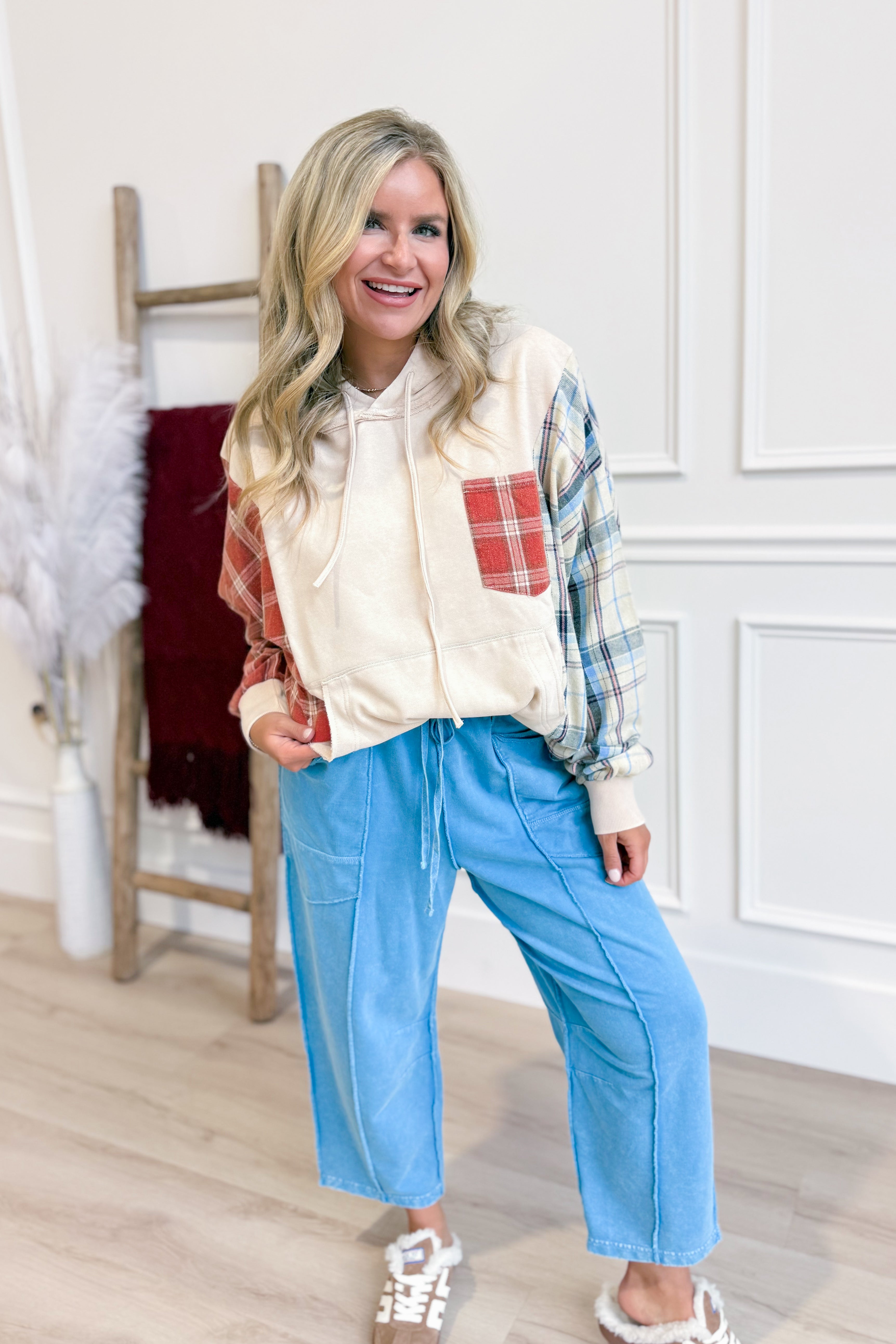 Laney Plaid Mixed Washed Terry Sweatshirt - Be You Boutique