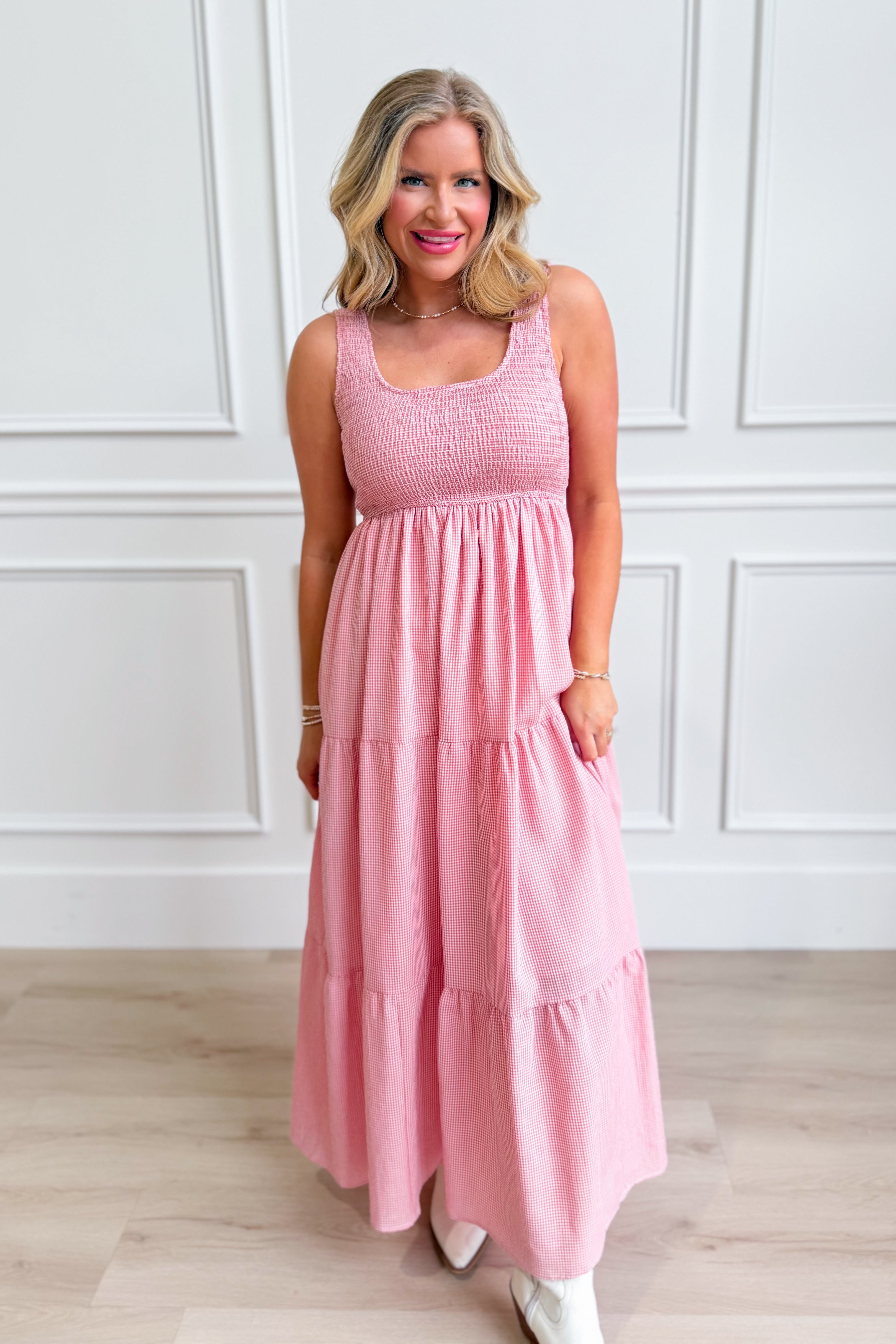 Pink gingham midi dress by BAEVELY, featuring a classic pattern and elegant dressy style, perfect for spring and summer occasions.