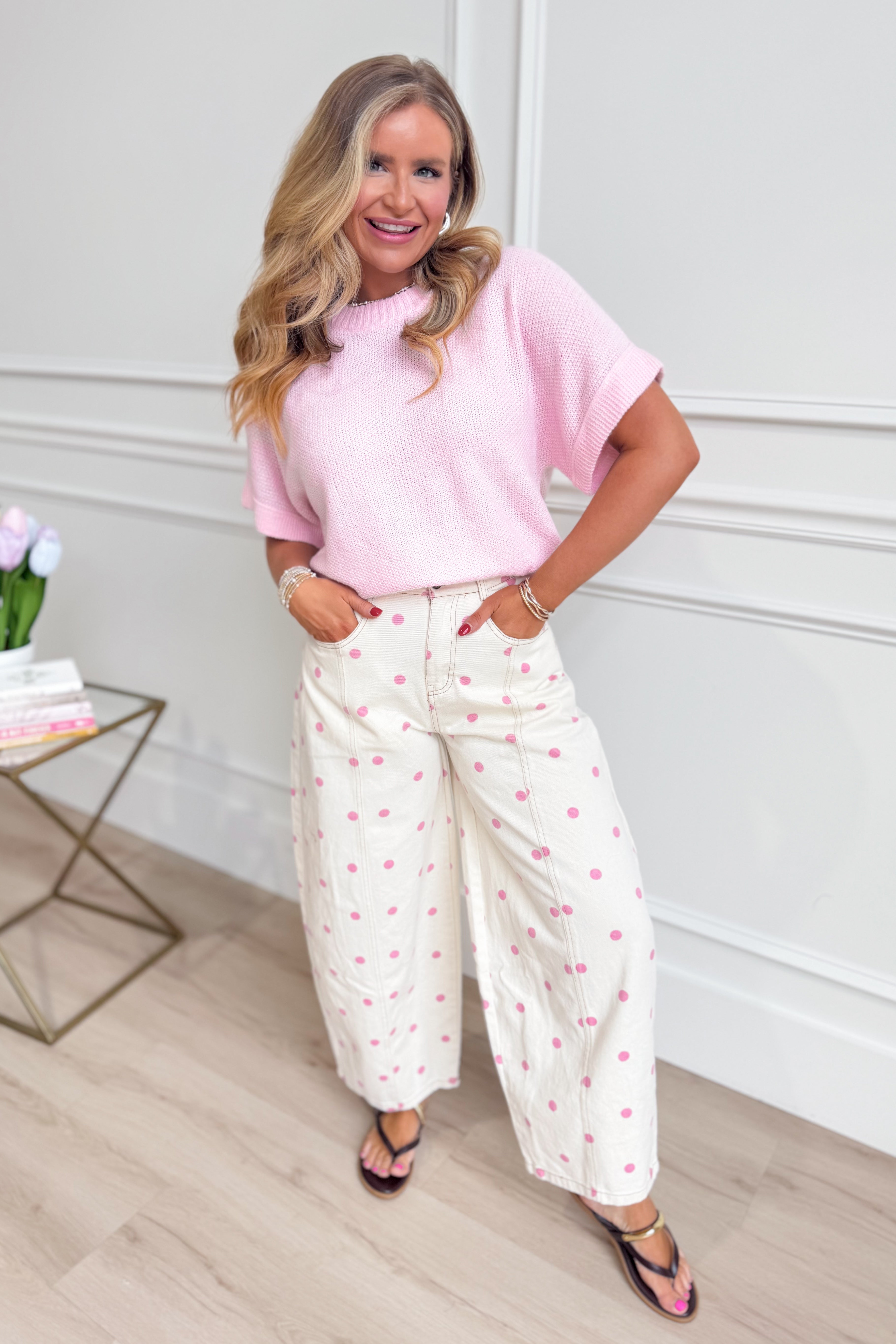 Pink polka dot barrel jeans from PEACH LOVE's Landry 147 Novelty Jeans collection, featuring a stylish, retro-inspired design.
