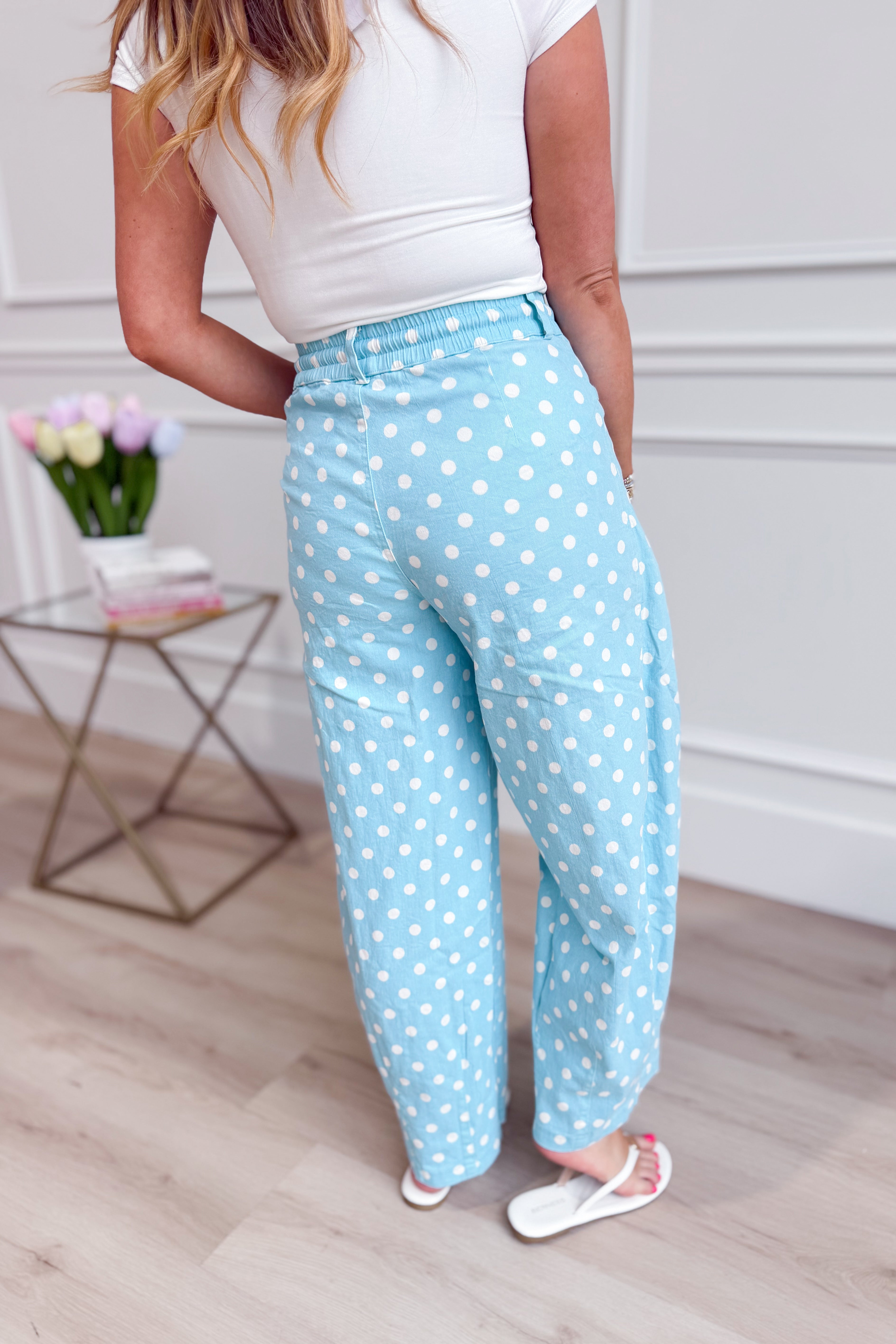 Mary Polka Dot Barrel Pant from &MERCI, 147 novelty jeans featuring a polka dot pattern and relaxed barrel fit.