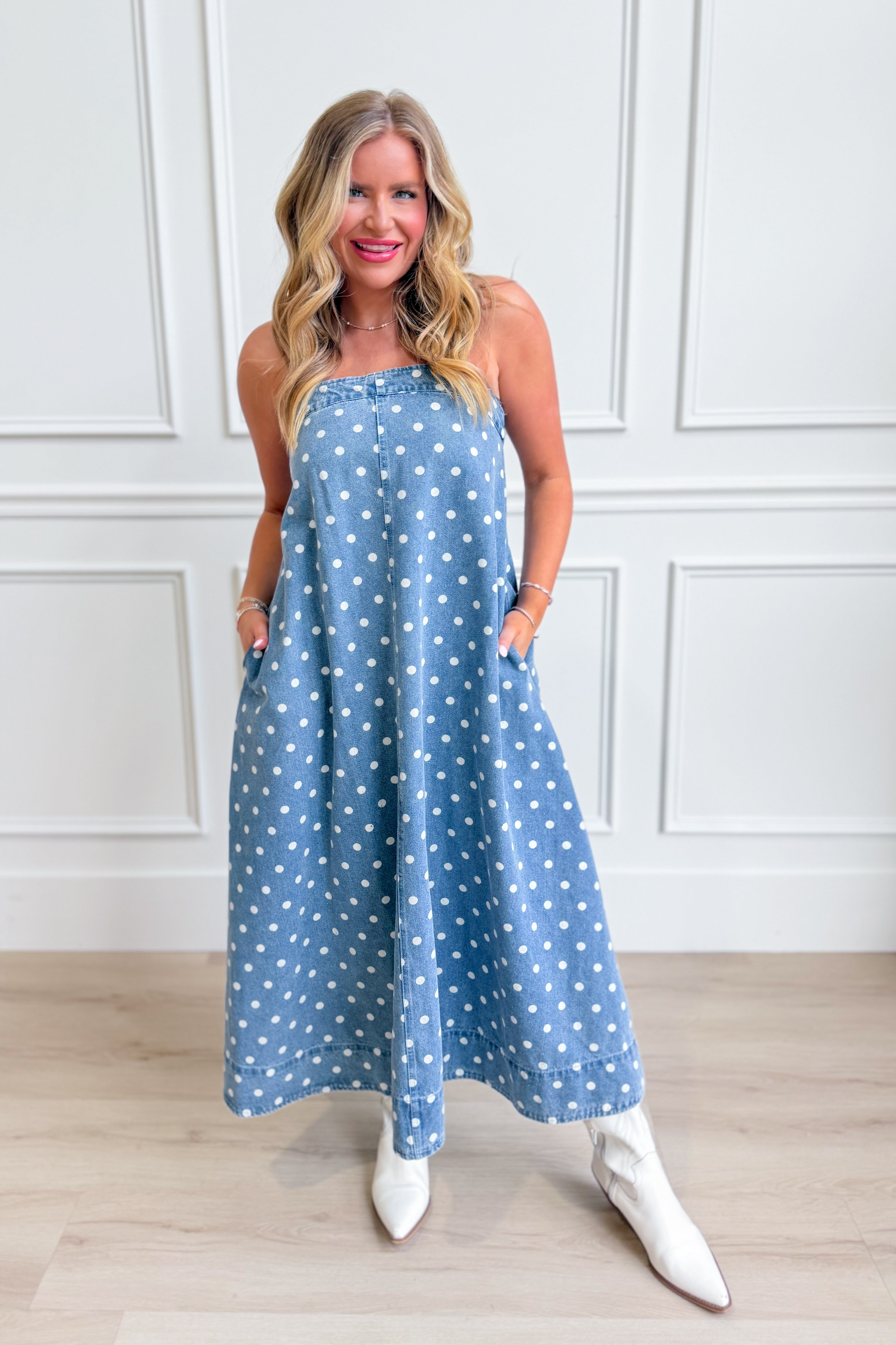 Aureum Mia polka dot denim dress for women, featuring a stylish, casual fit with a classic polka dot pattern and denim fabric.