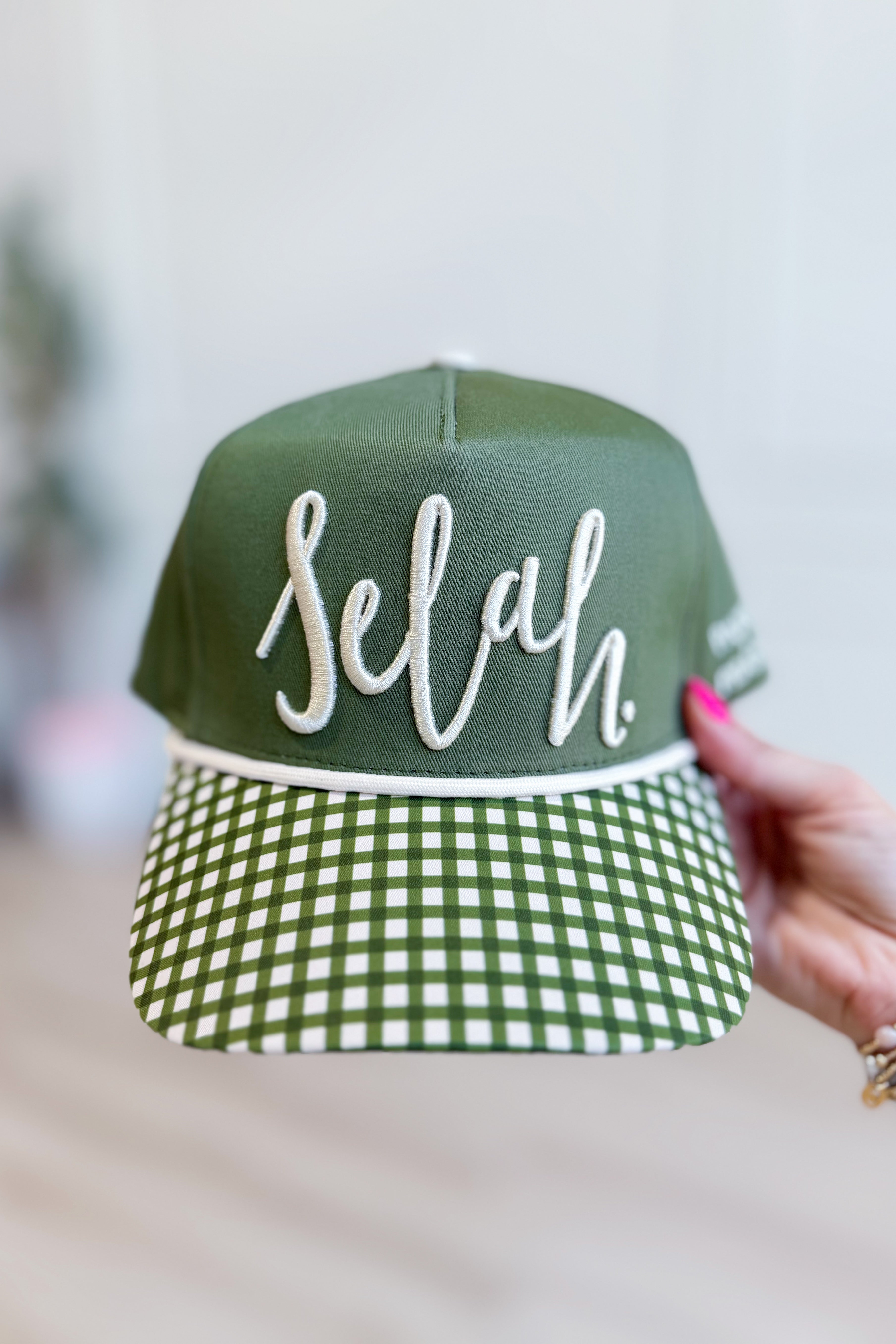 POPPY & PINE SELAH Pause & Pray trucker hat with mesh back and embroidered front design, casual accessory for everyday wear