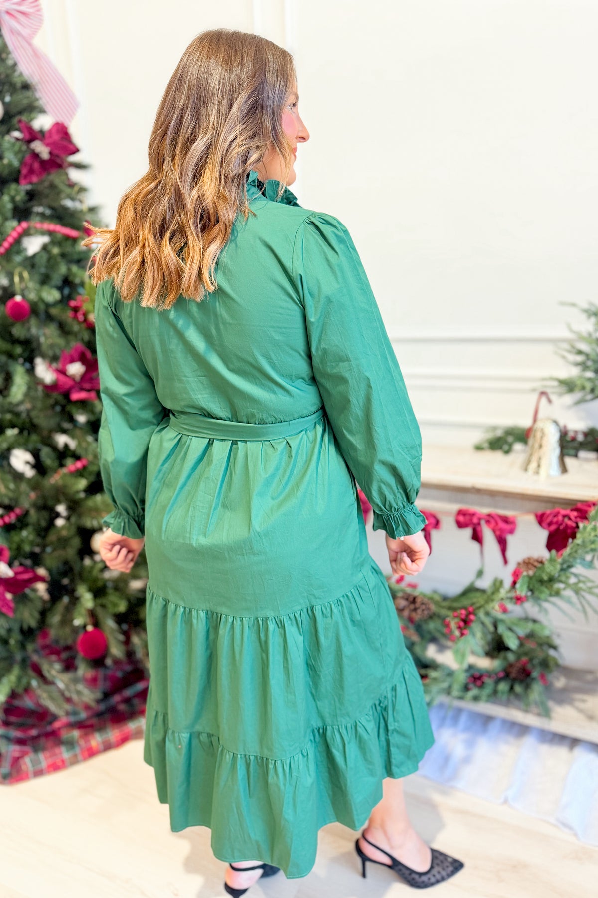 JODIFL Angela Hunter green ruffle trim tie waist dress, stylish dressy dress with ruffles and a tie waist, perfect for elegant occasions