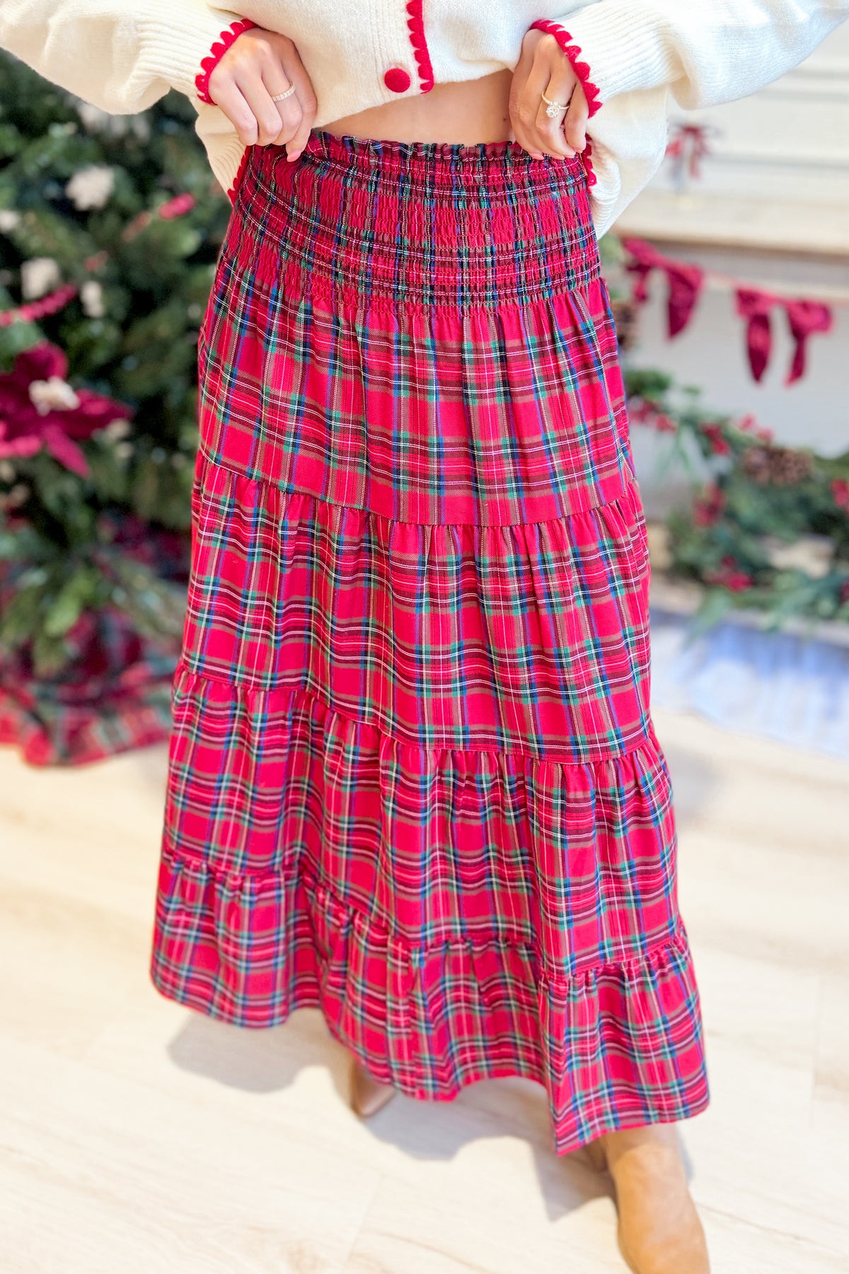 TWENTIFOURTH Sutton plaid tiered midi skirt with a flowy, multi-layered design in a classic plaid pattern.