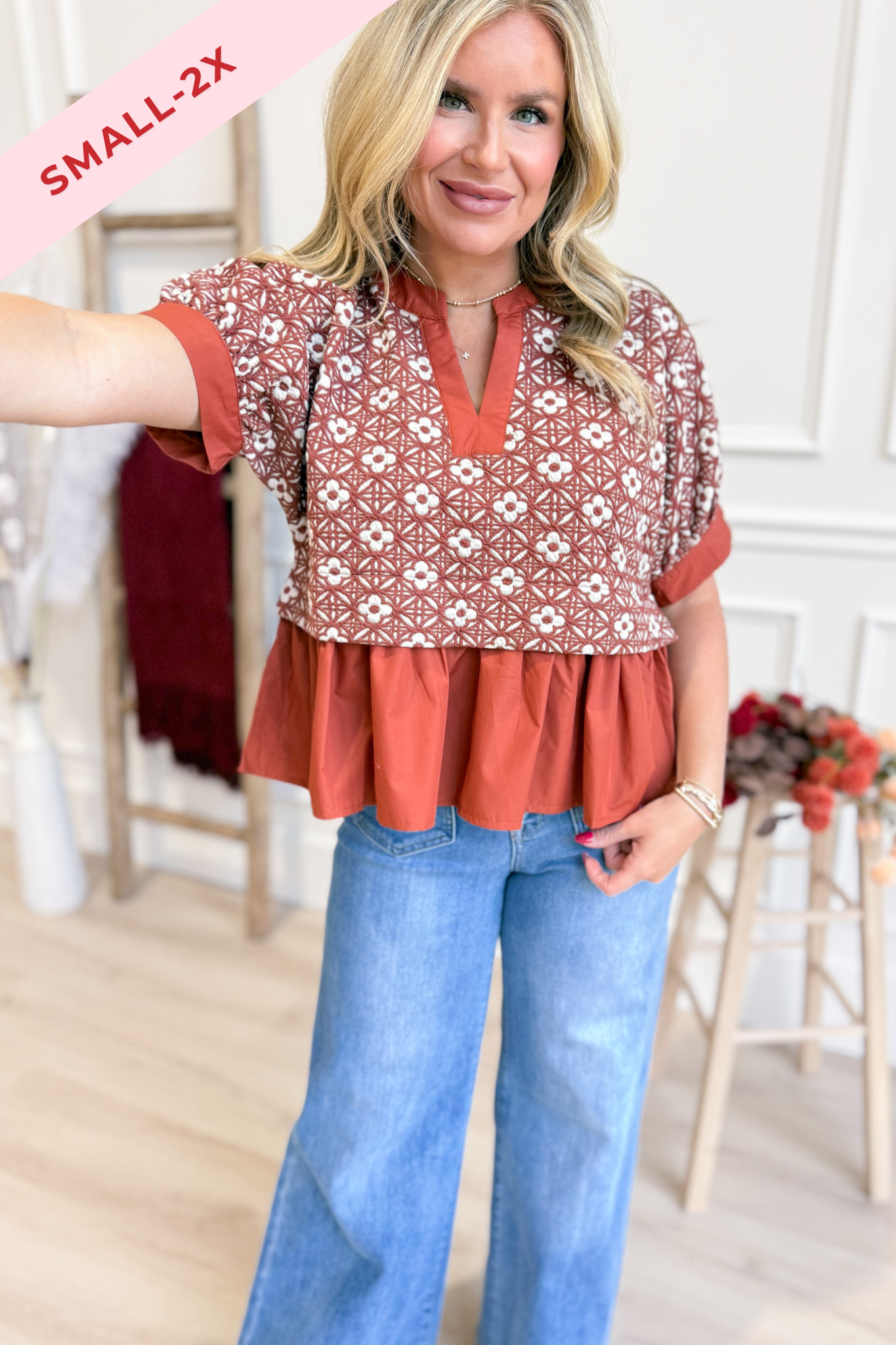 Francine Floral Jacquard Ruffle Hem Top - Be You Boutique