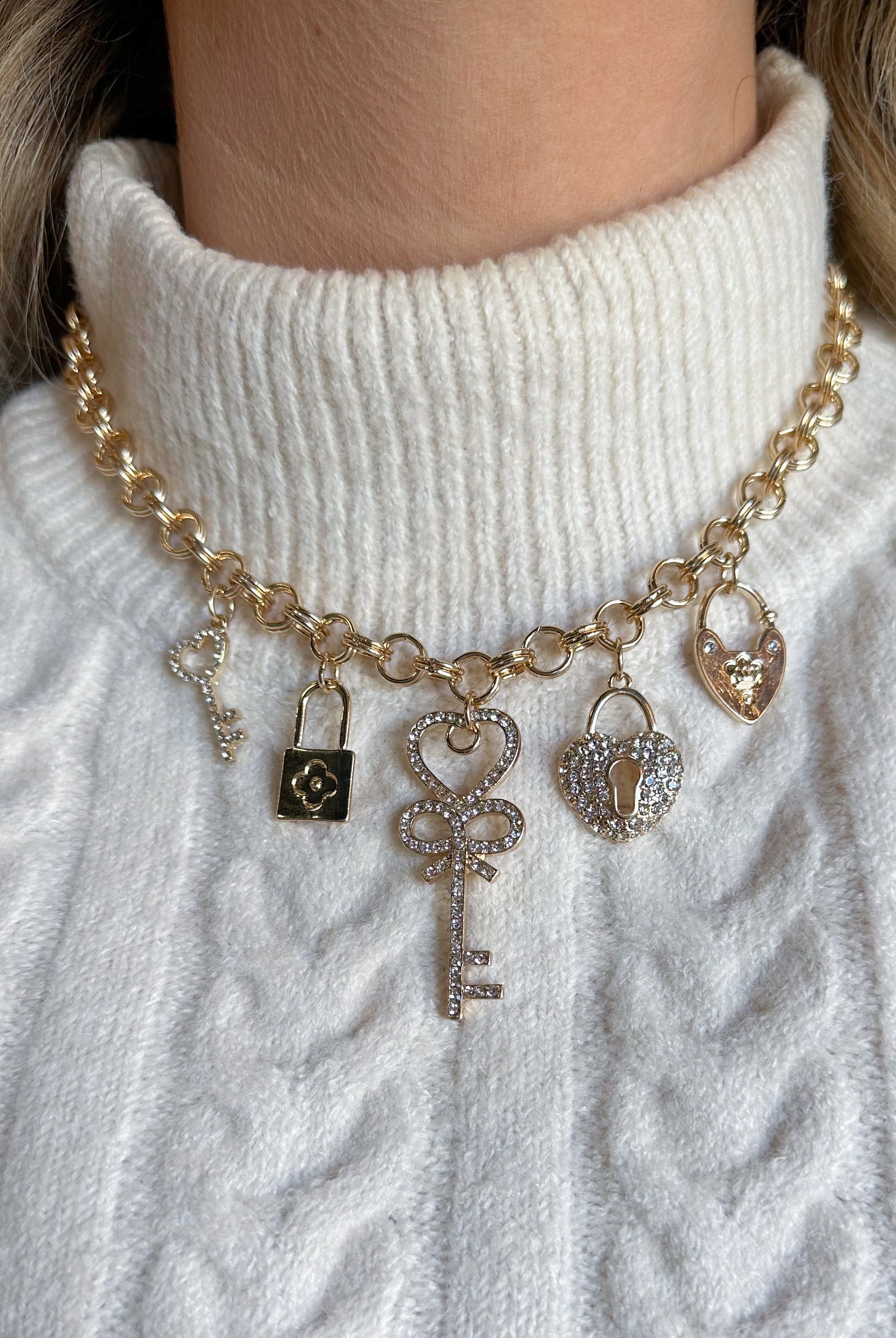 Charm Necklace ~ Gold Chain Crystal Heart and Keylock Necklace - Be You Boutique