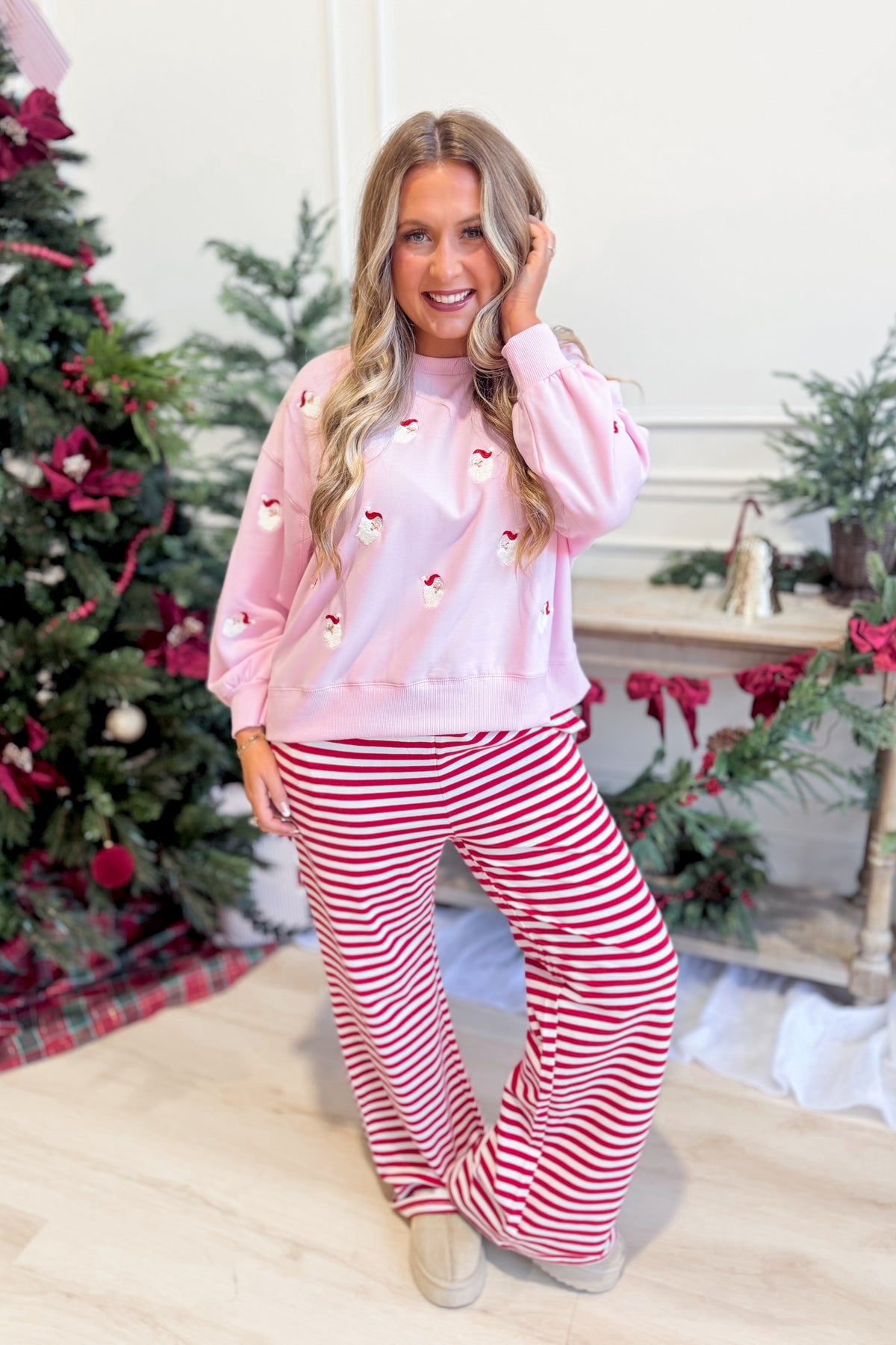 Mary Square Millie Pink Santa graphic pullover sweatshirt with festive Santa design