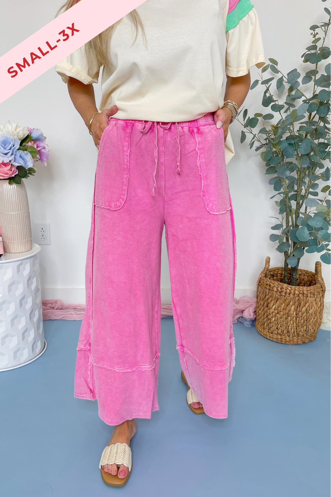 Caris Mineral Washed Upside Down Terry Knit Wide Leg Palazzo Pants - Be You Boutique